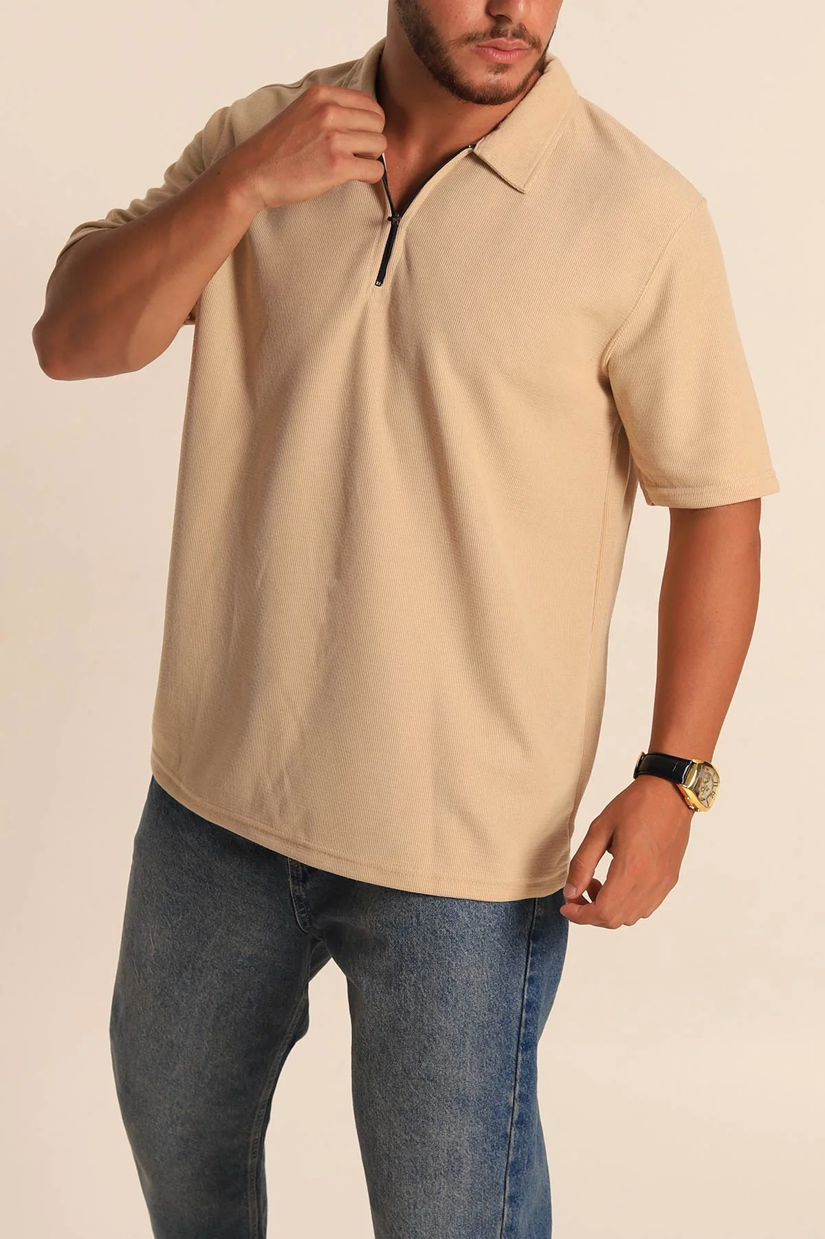Bej Relaxed Fit Fermuarlı Polo Yaka Erkek Tişört 279200