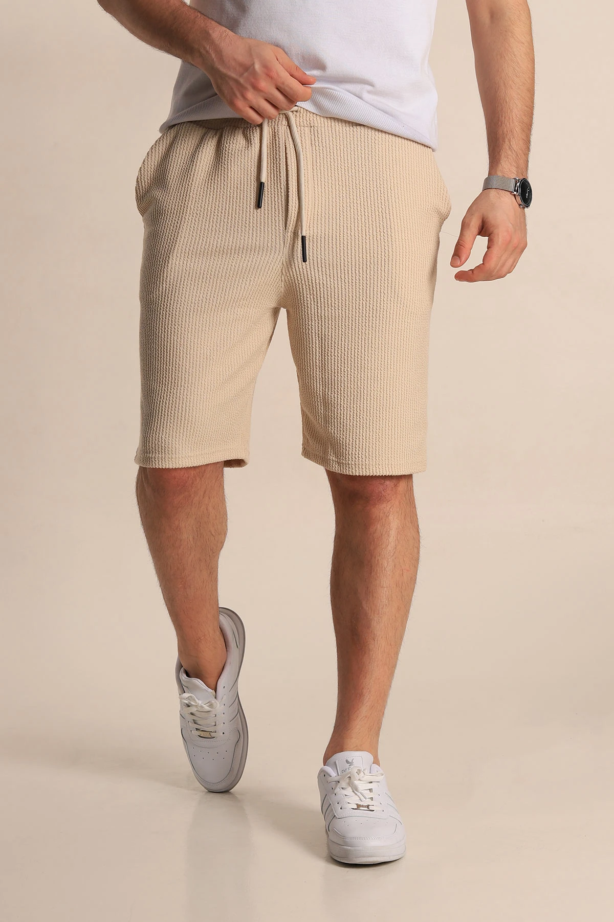 Bej Relaxed Fit Fitilli Doku Bel Lastikli Erkek Şort 272829
