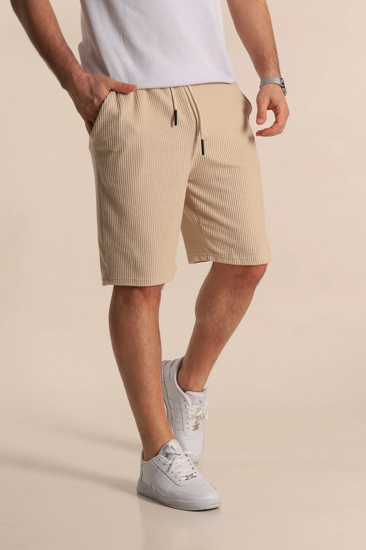 Bej Relaxed Fit Fitilli Doku Bel Lastikli Erkek Şort 272829