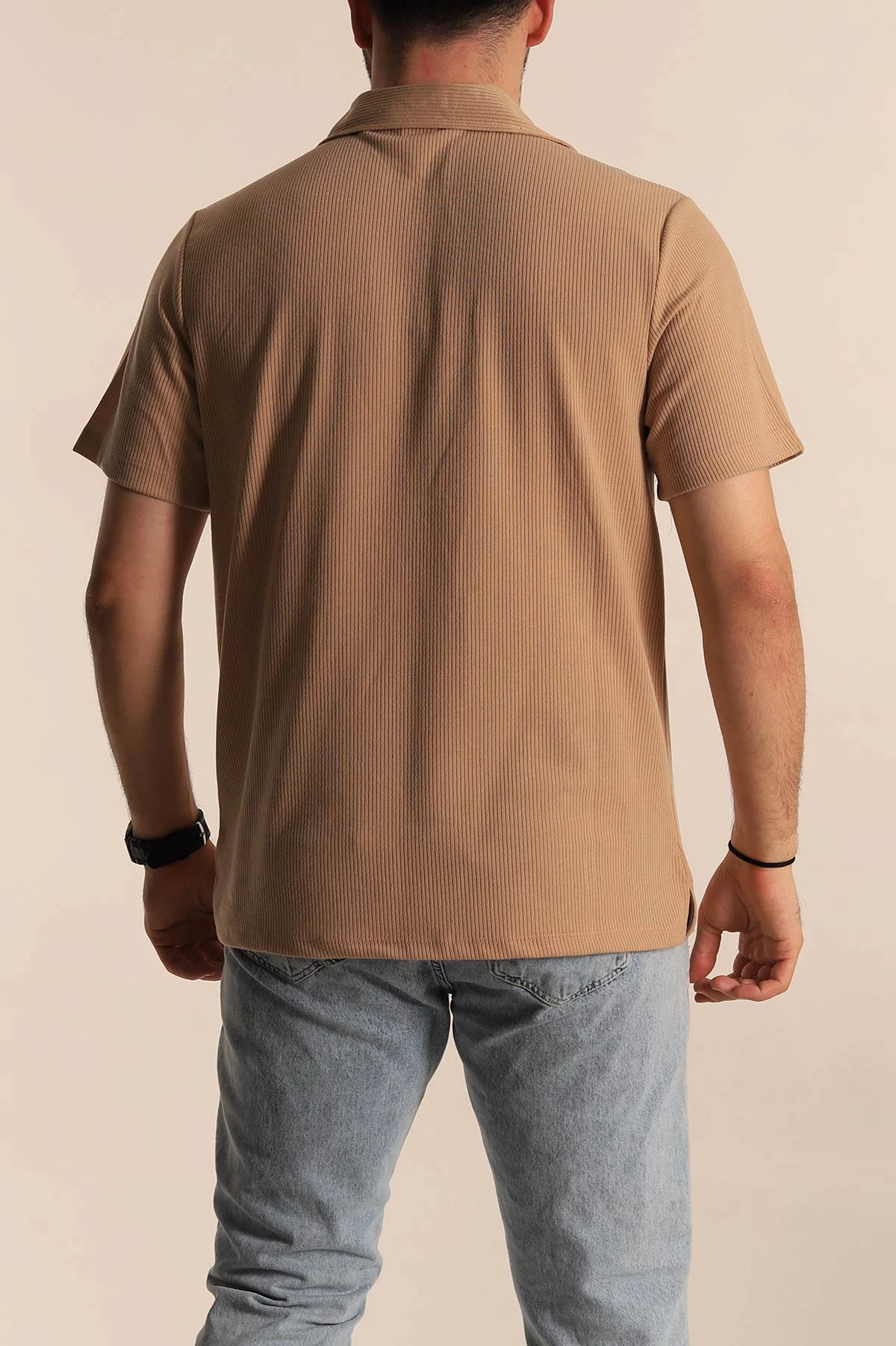 Bej Relaxed Fit Fitilli Doku Fermuarlı Polo Yaka Erkek Tişört 268311