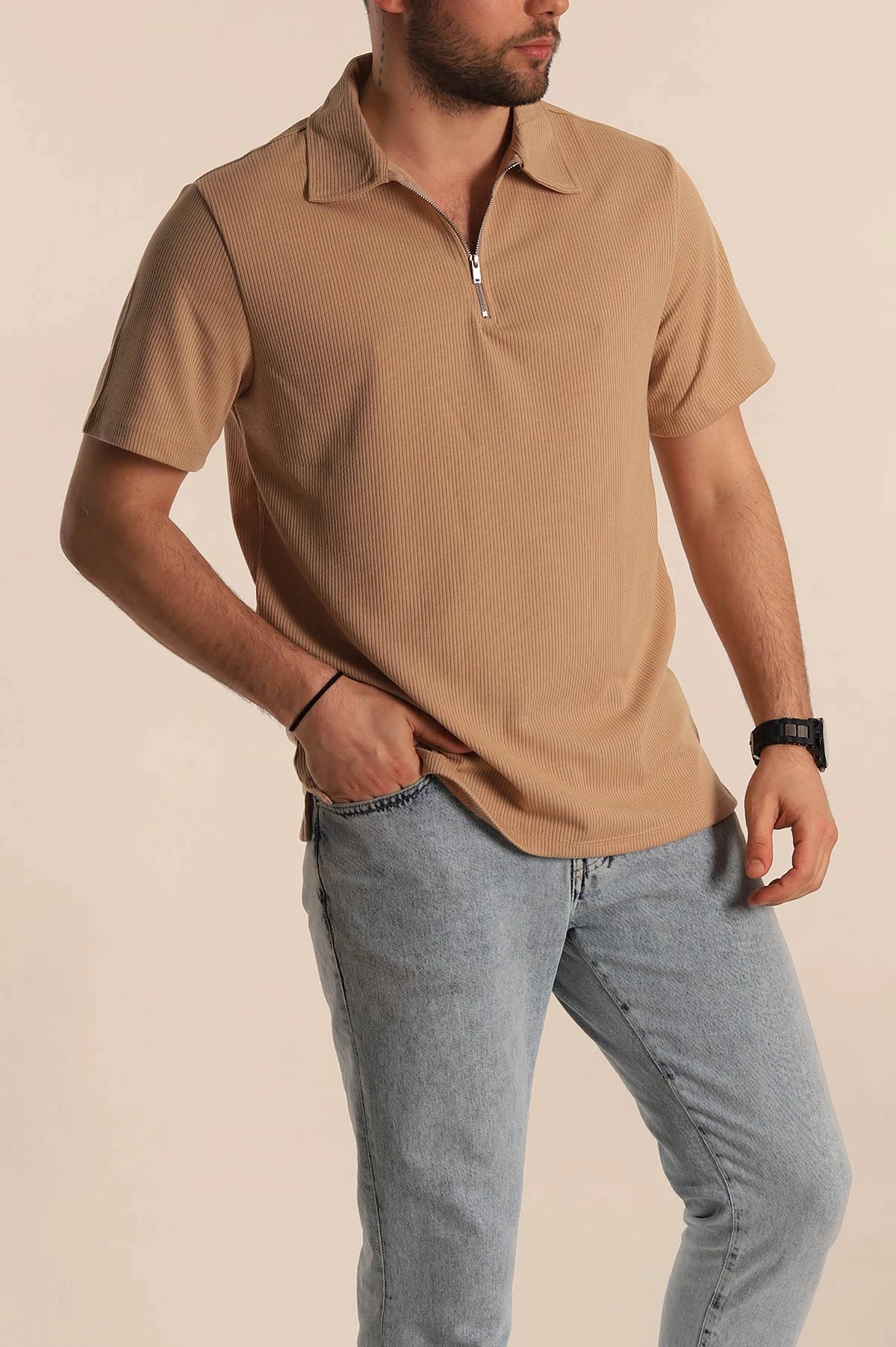 Bej Relaxed Fit Fitilli Doku Fermuarlı Polo Yaka Erkek Tişört 268311