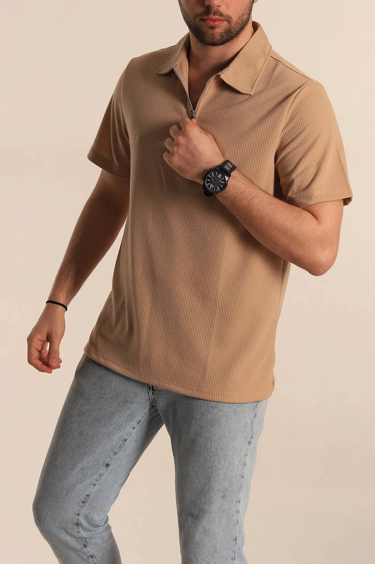 Bej Relaxed Fit Fitilli Doku Fermuarlı Polo Yaka Erkek Tişört 268311