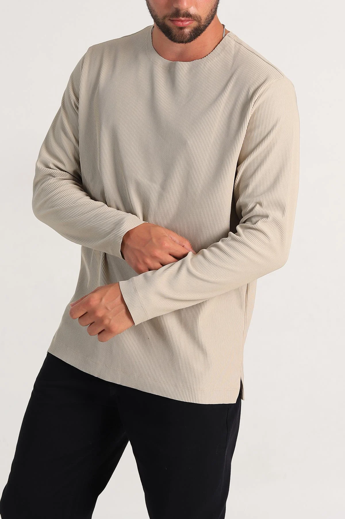 Bej Relaxed Fit Fitilli Doku Geniş Yaka Erkek Sweatshirt 300053