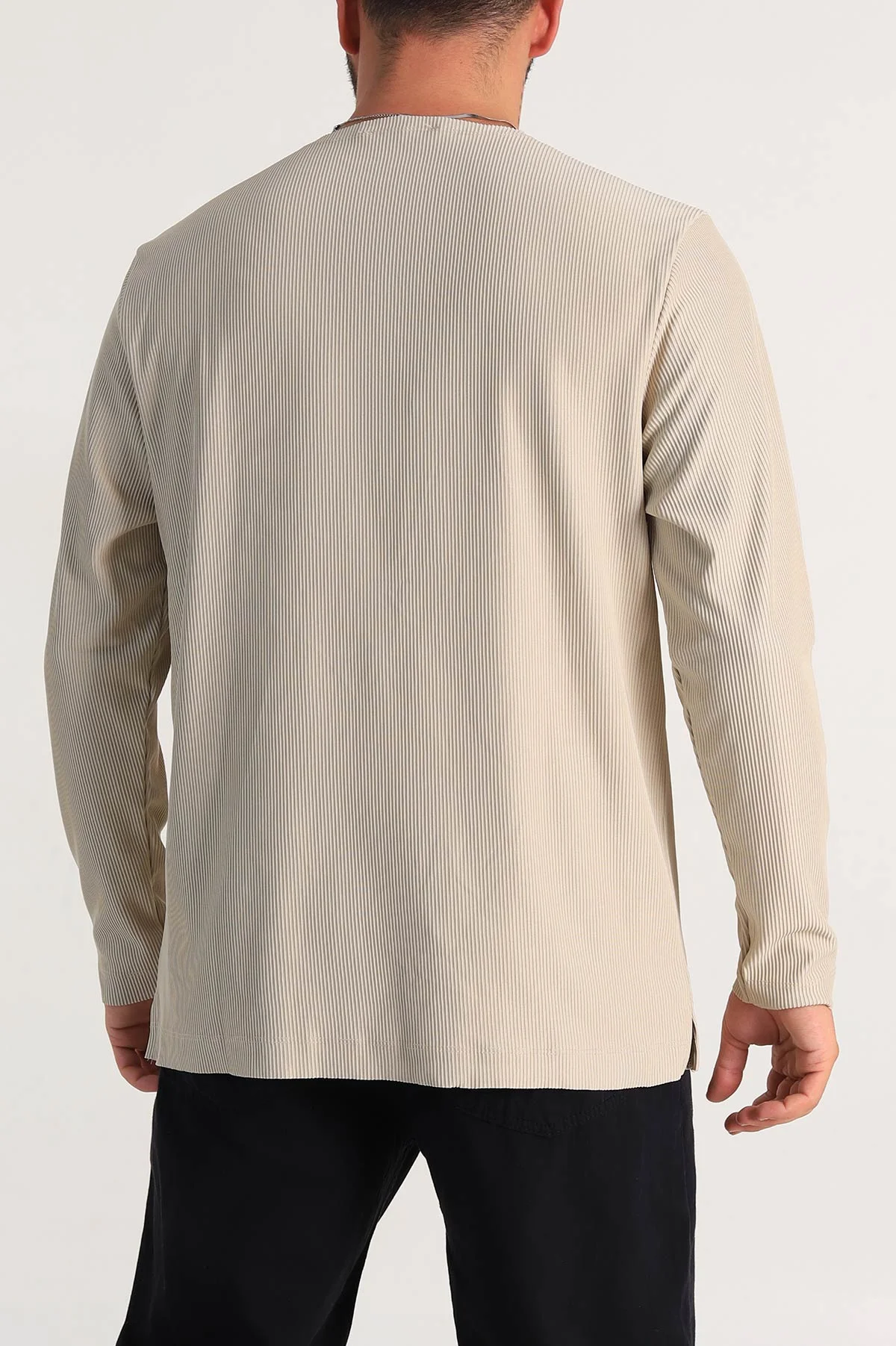 Bej Relaxed Fit Fitilli Doku Geniş Yaka Erkek Sweatshirt 300053