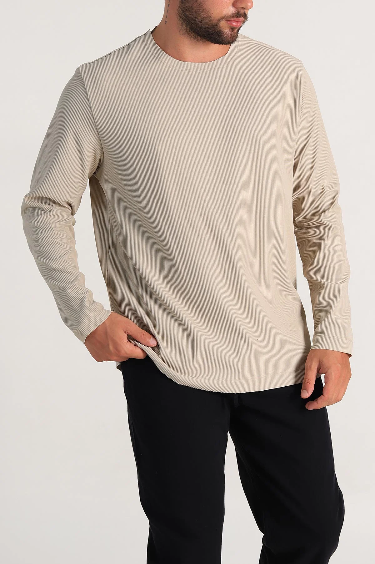 Bej Relaxed Fit Fitilli Doku Geniş Yaka Erkek Sweatshirt 300053