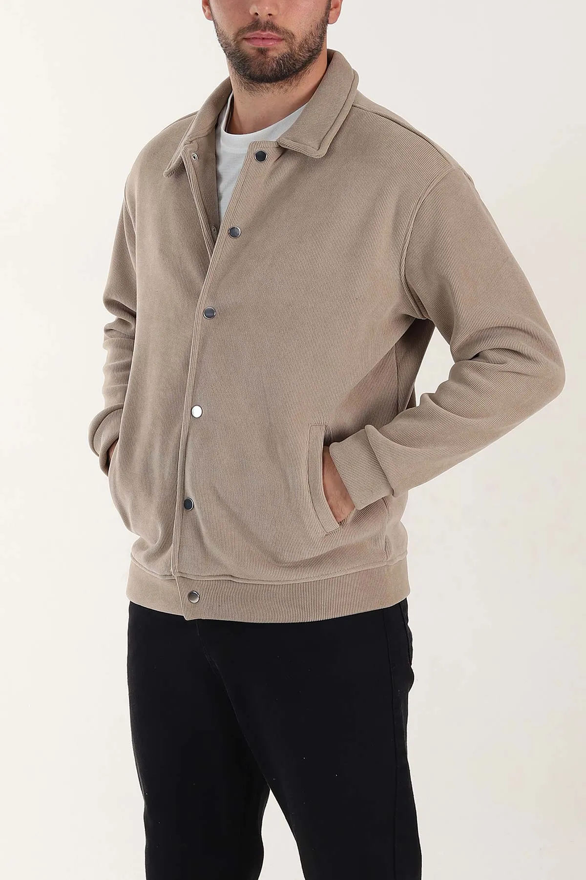 Bej Relaxed Fit Fitilli Doku İçi Polarlı Erkek Kadife Ceket 399996