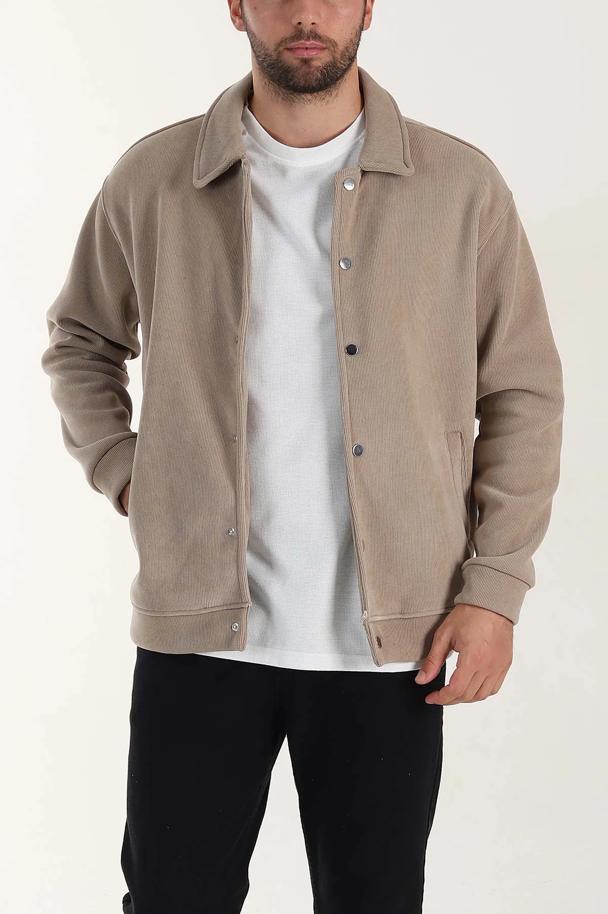 Bej Relaxed Fit Fitilli Doku İçi Polarlı Erkek Kadife Ceket 399996