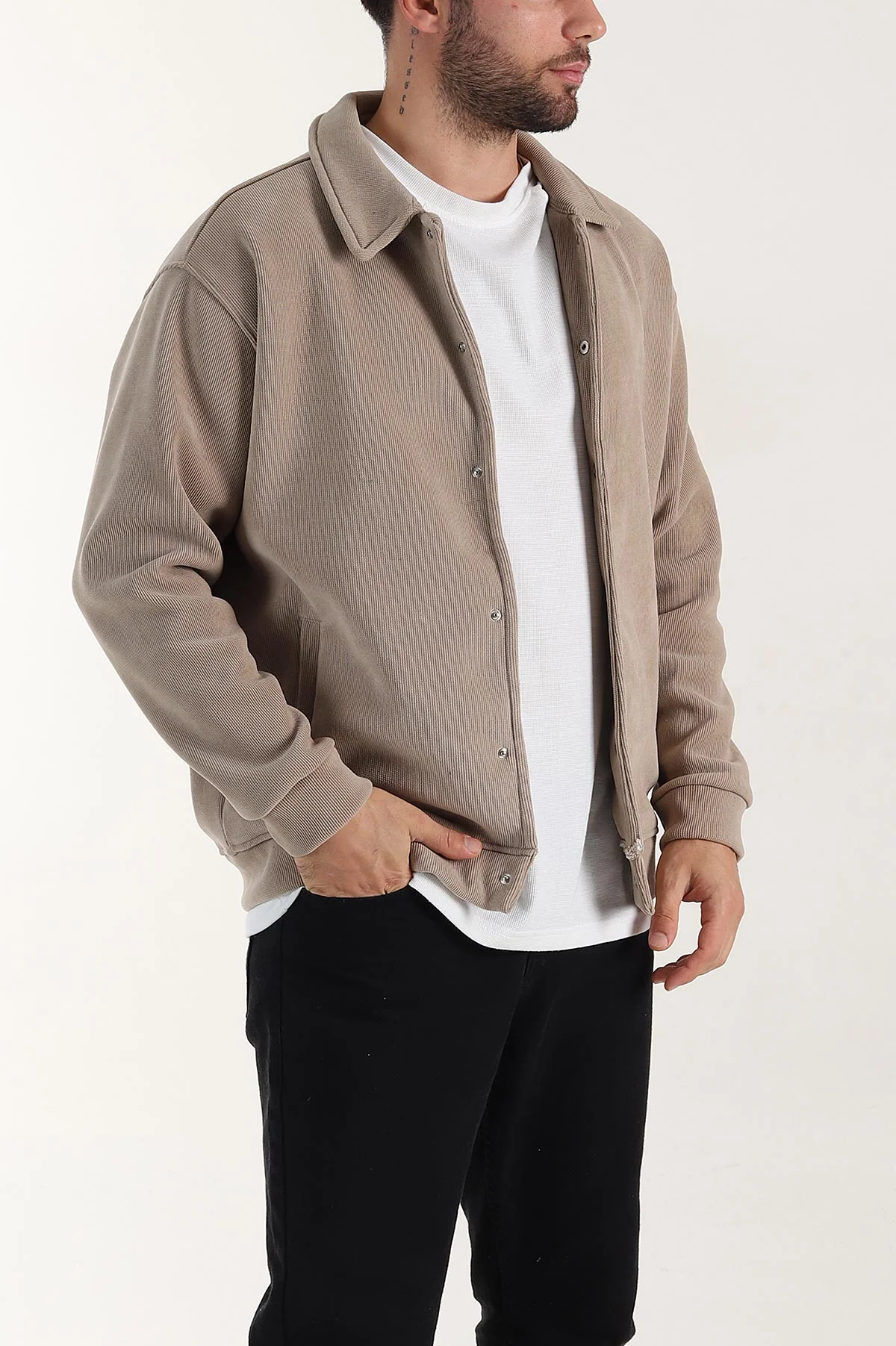 Bej Relaxed Fit Fitilli Doku İçi Polarlı Erkek Kadife Ceket 399996