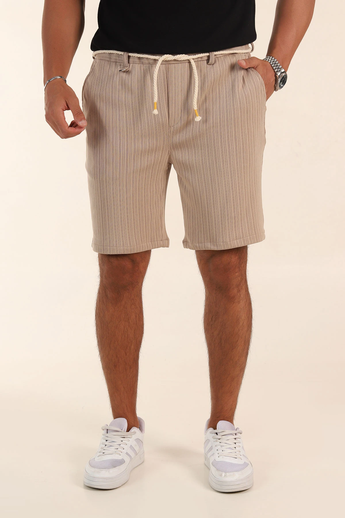 Bej Relaxed Fit Fitilli Doku Likralı Erkek Şort 380975