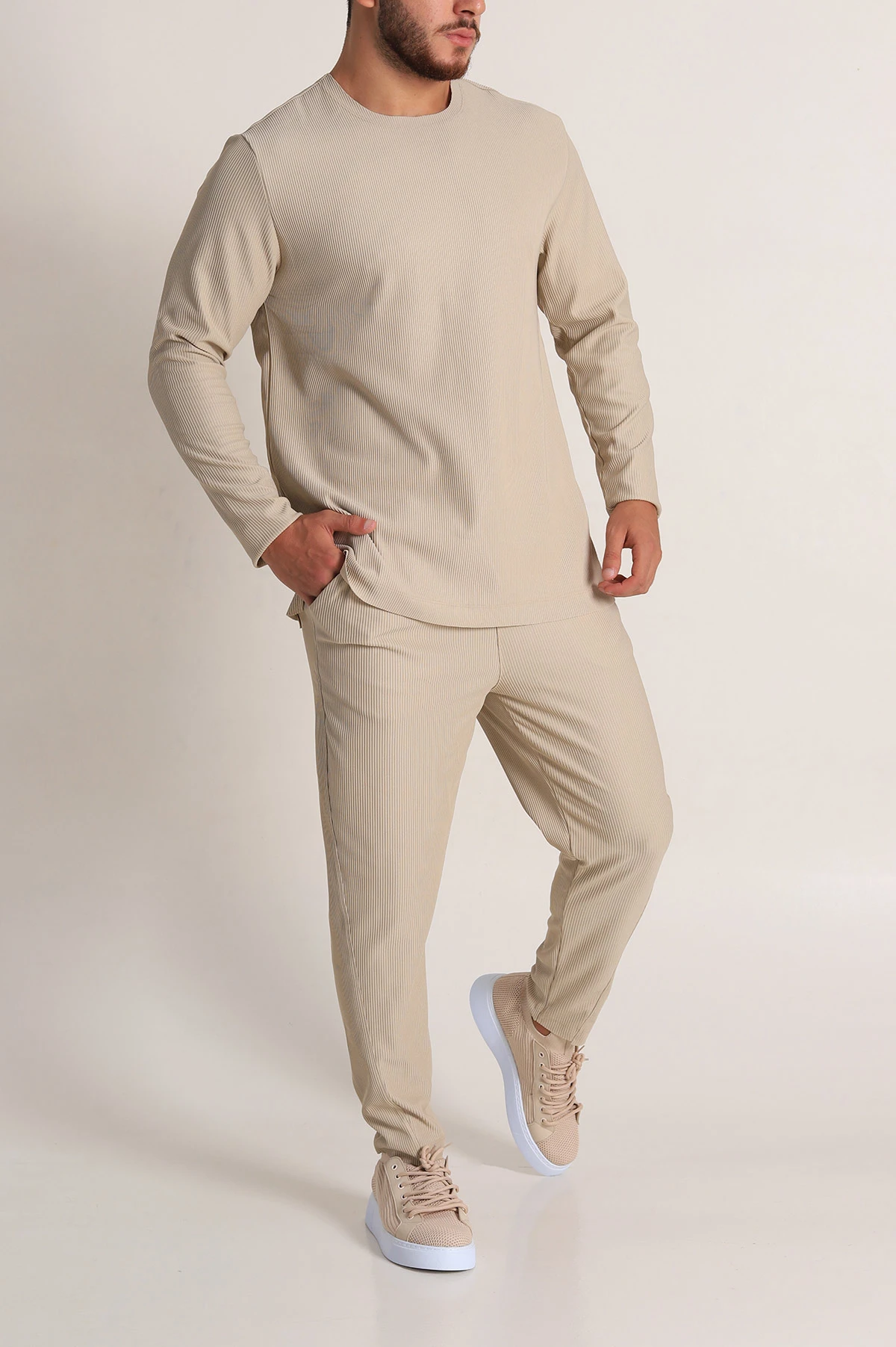 Bej Relaxed Fit Fitilli Dokulu Erkek Eşofman Takımı 300071
