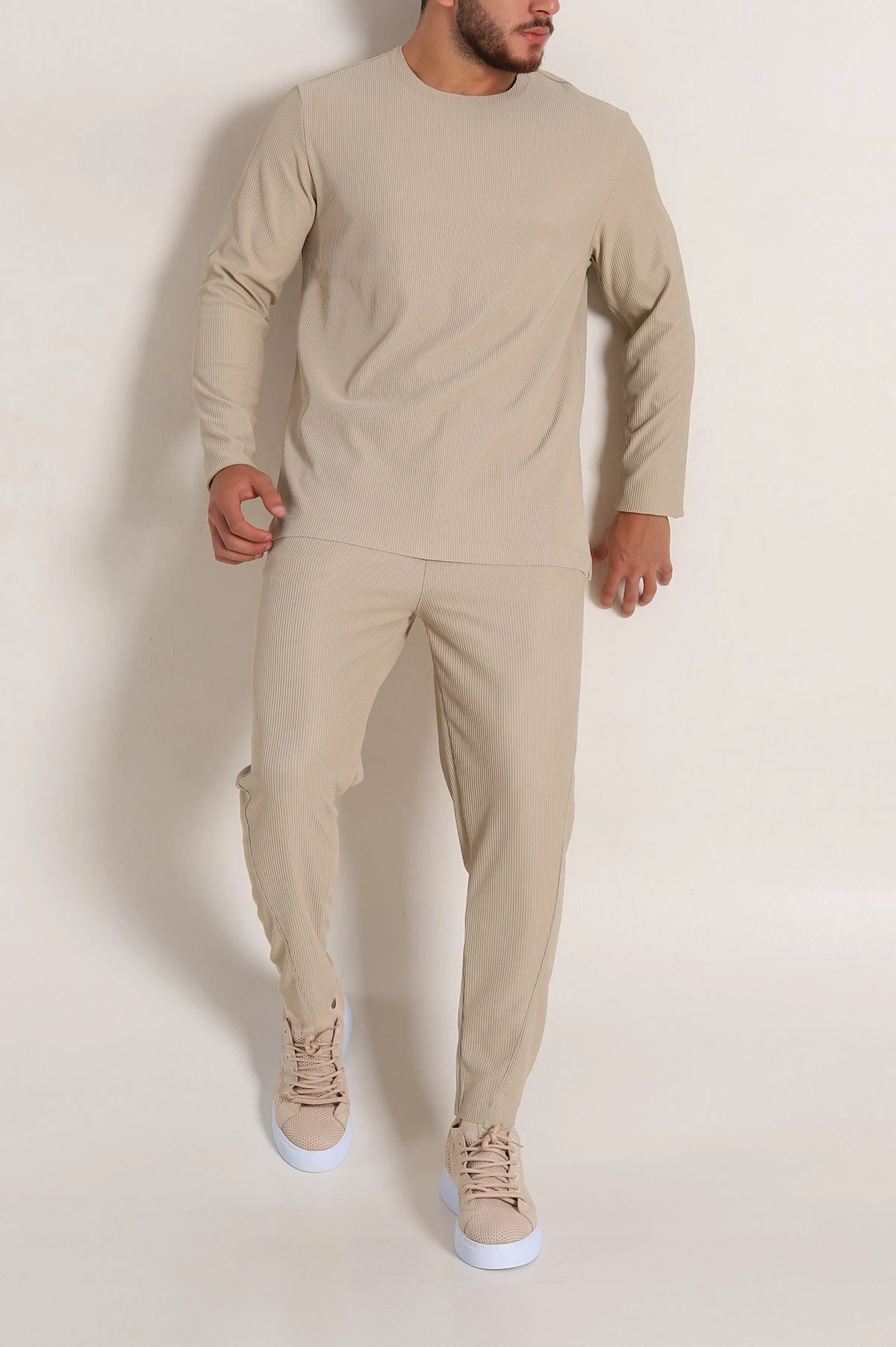 Bej Relaxed Fit Fitilli Dokulu Erkek Eşofman Takımı 300071