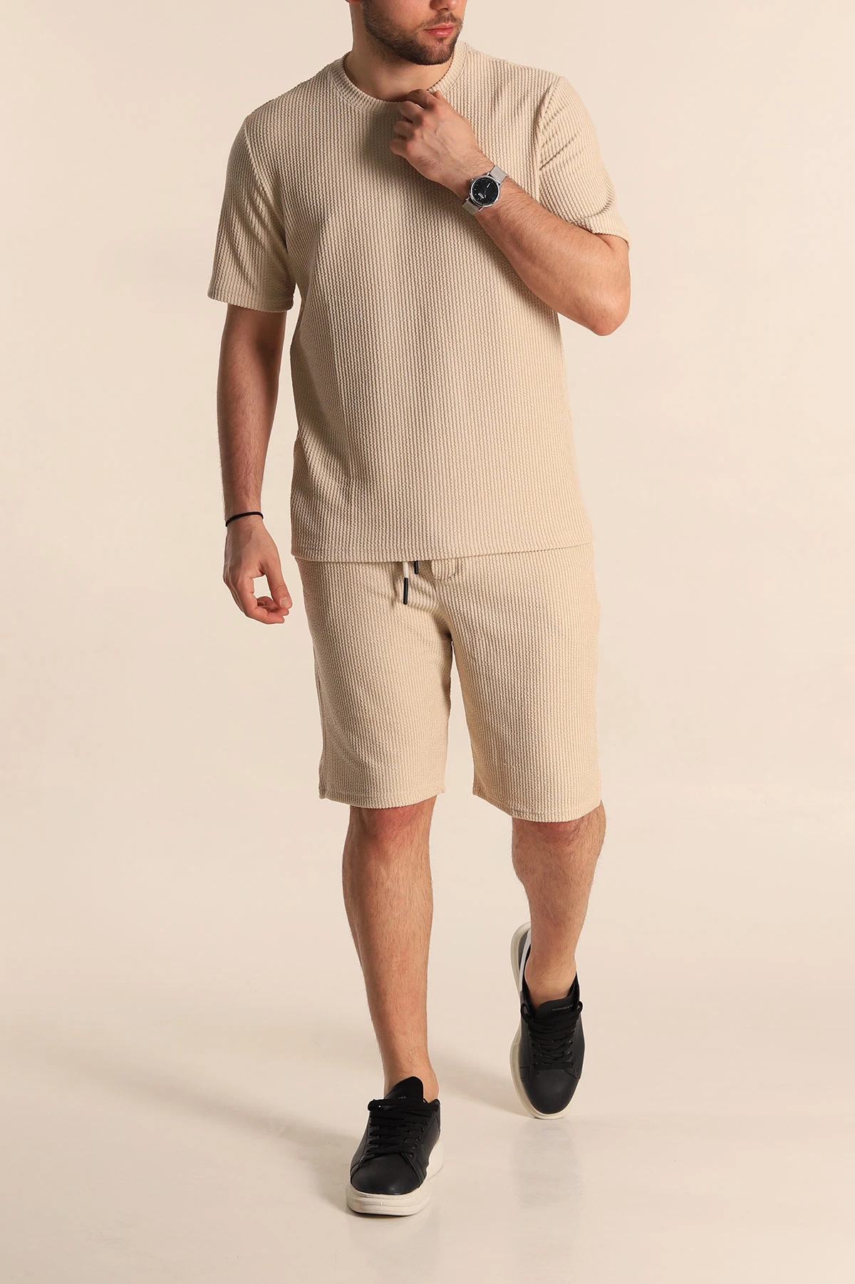 Bej Relaxed Fit Fitilli Dokulu Erkek Şortlu Takım 272838