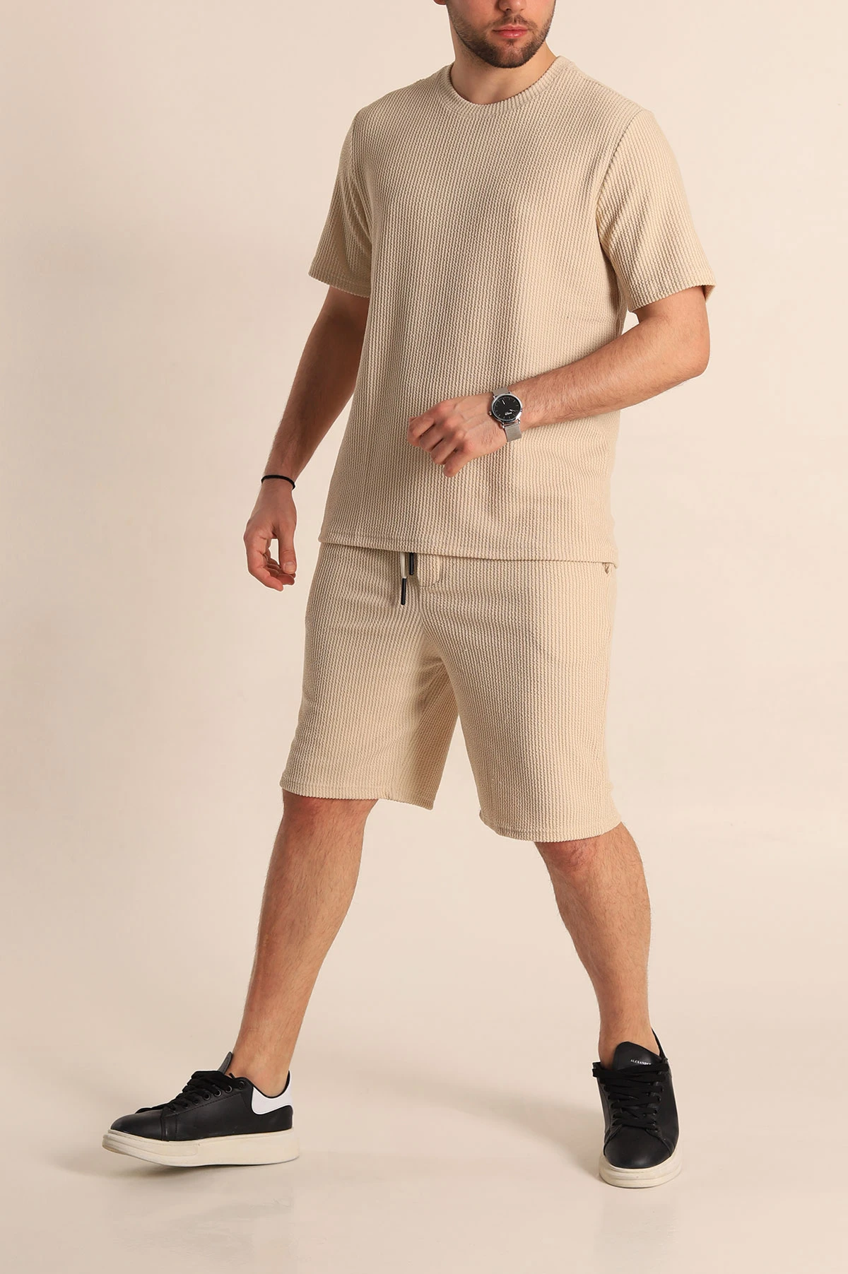 Bej Relaxed Fit Fitilli Dokulu Erkek Şortlu Takım 272838