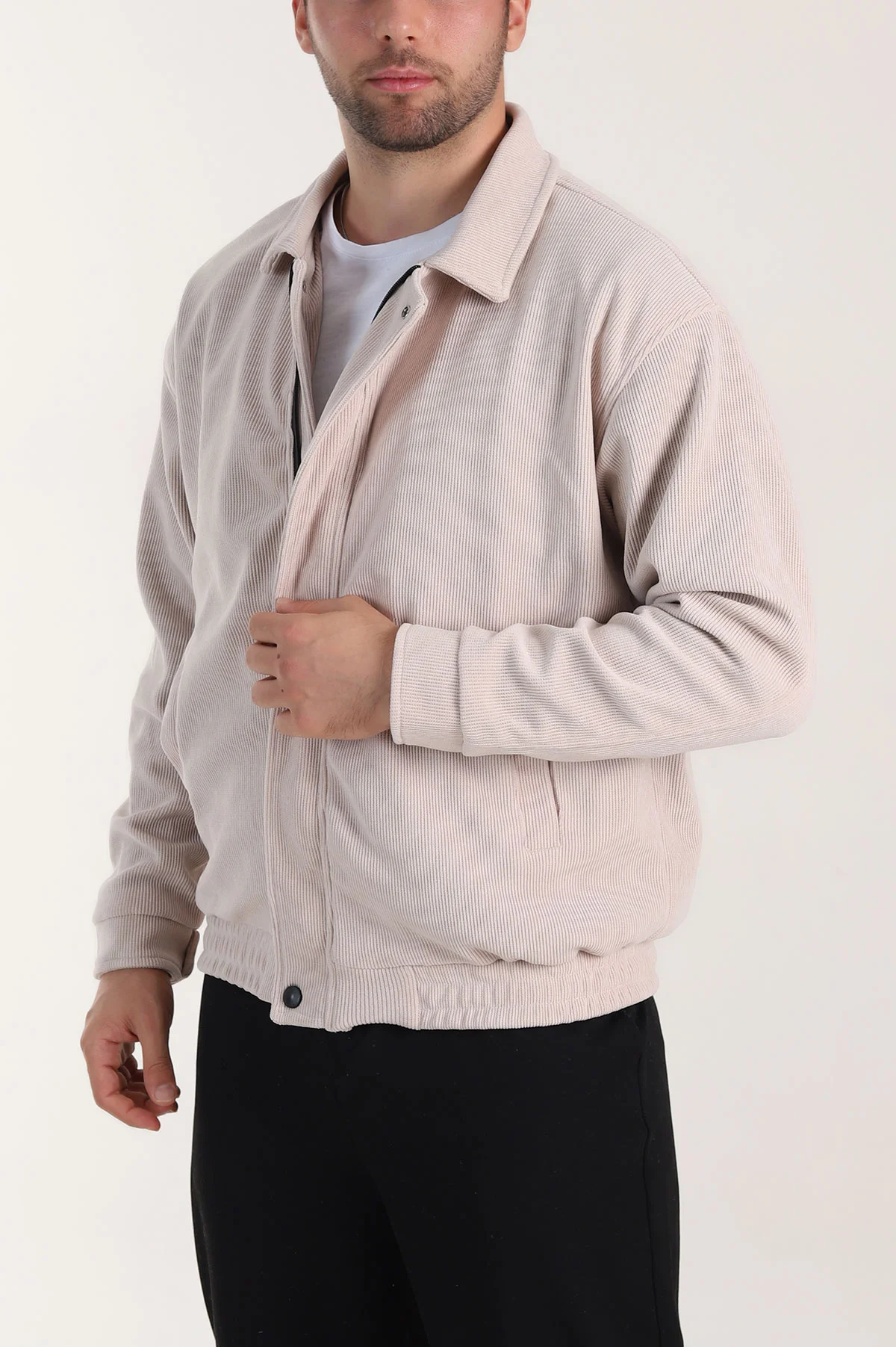 Bej Relaxed Fit Fitilli Dokulu İçi Astarlı Erkek Mont 409637
