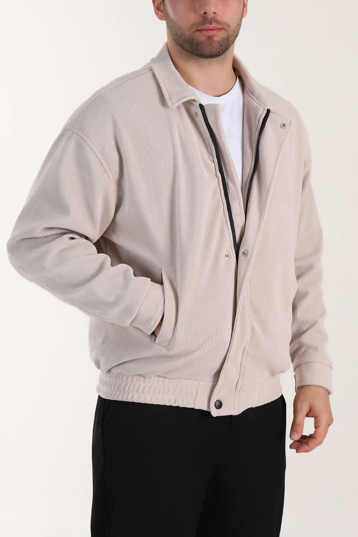 Bej Relaxed Fit Fitilli Dokulu İçi Astarlı Erkek Mont 409637