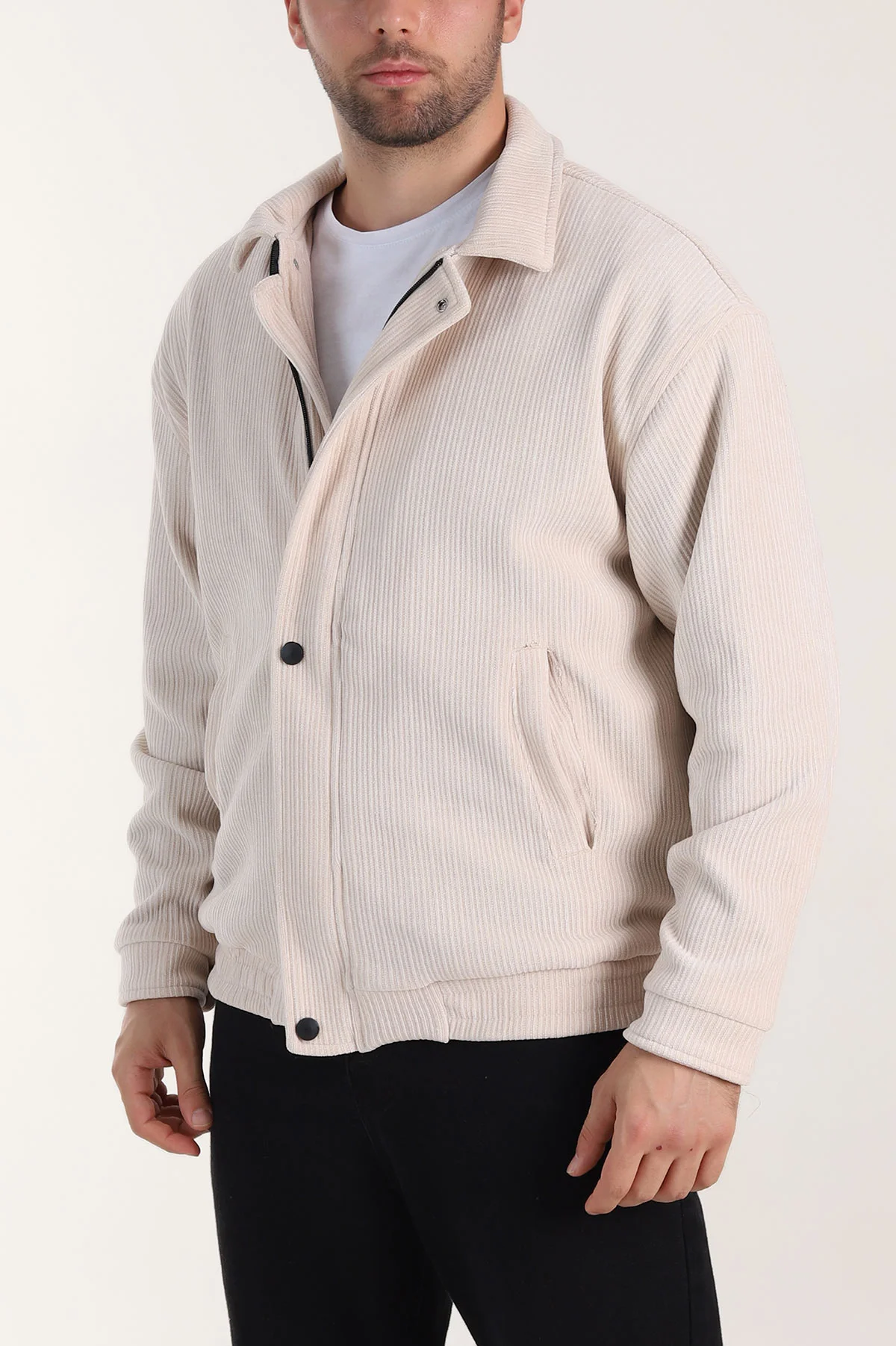 Bej Relaxed Fit Fitilli Dokulu İçi Astarlı Erkek Mont 409643