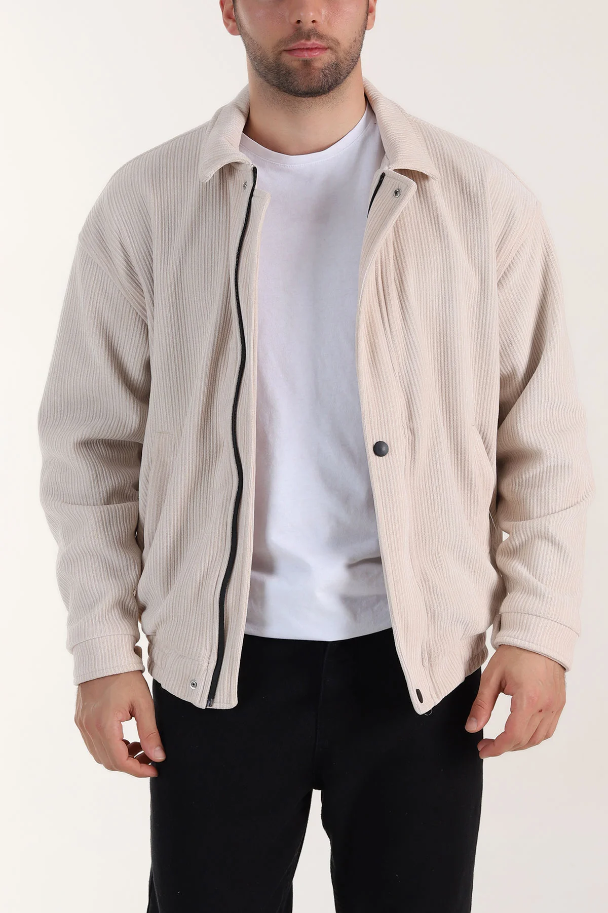 Bej Relaxed Fit Fitilli Dokulu İçi Astarlı Erkek Mont 409643