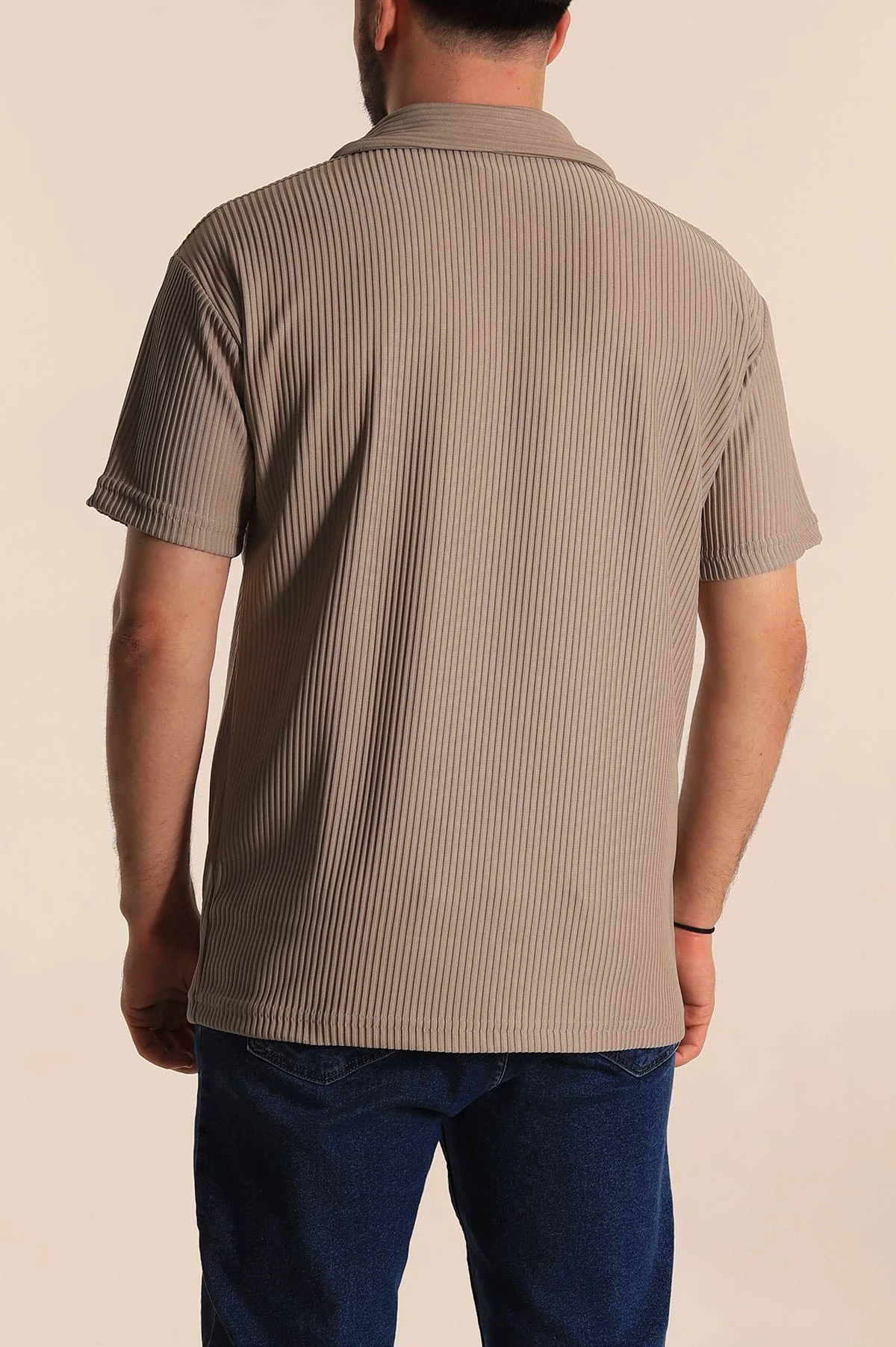 Bej Relaxed Fit Fitilli Dokulu Jakarlı Fermuarlı Polo Yaka Erkek Tişört 270753