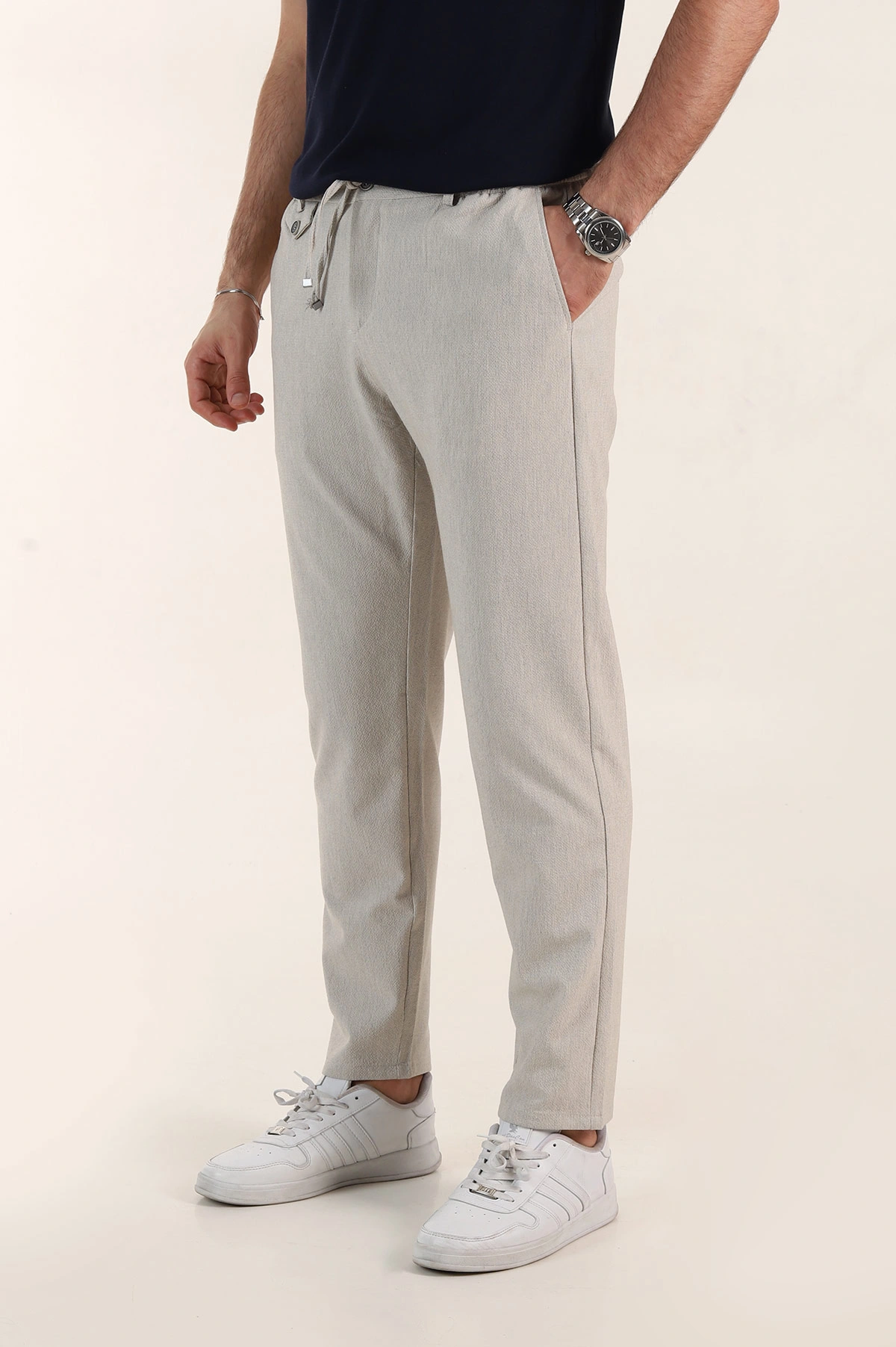 Bej Relaxed Fit Gofre Kumaş Bel Arkası Lastikli Erkek Pantolon 362583