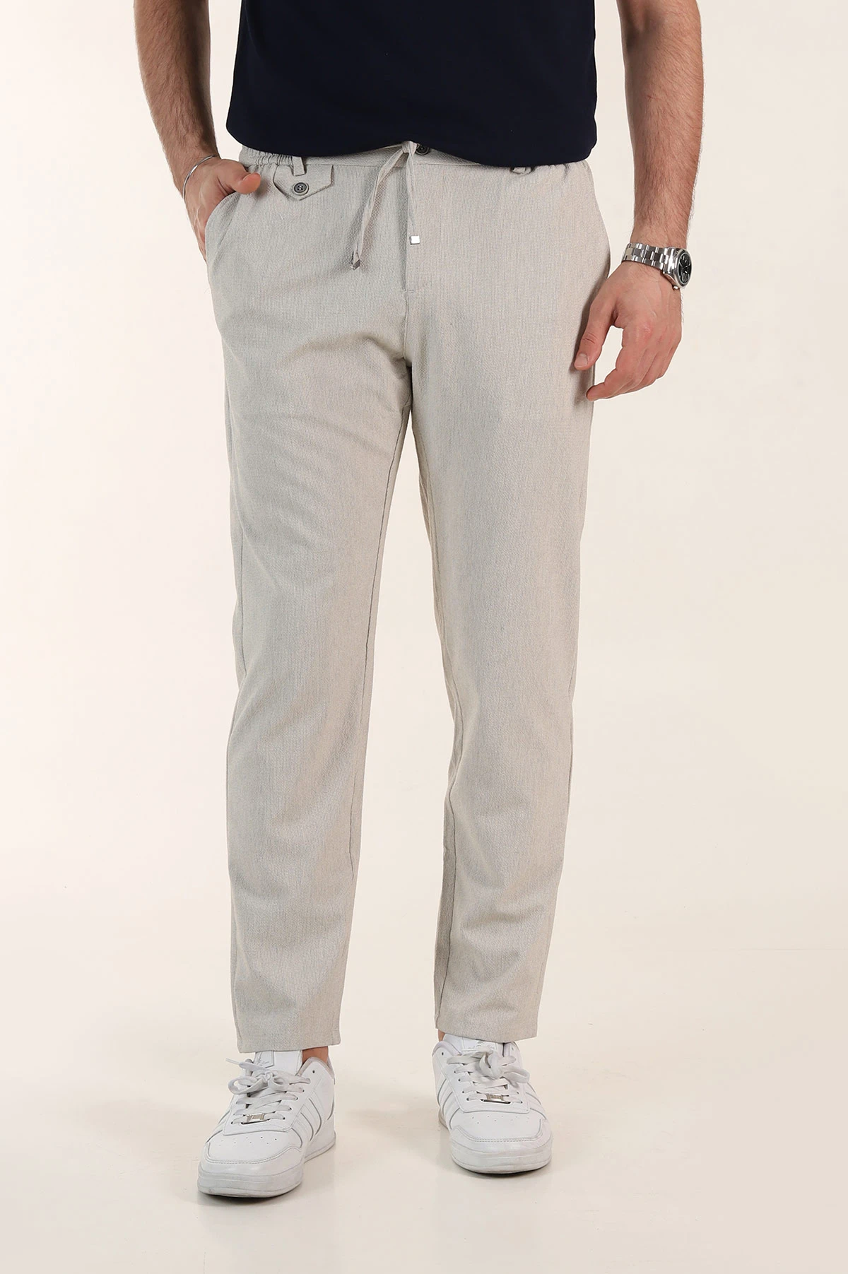 Bej Relaxed Fit Gofre Kumaş Bel Arkası Lastikli Erkek Pantolon 362583
