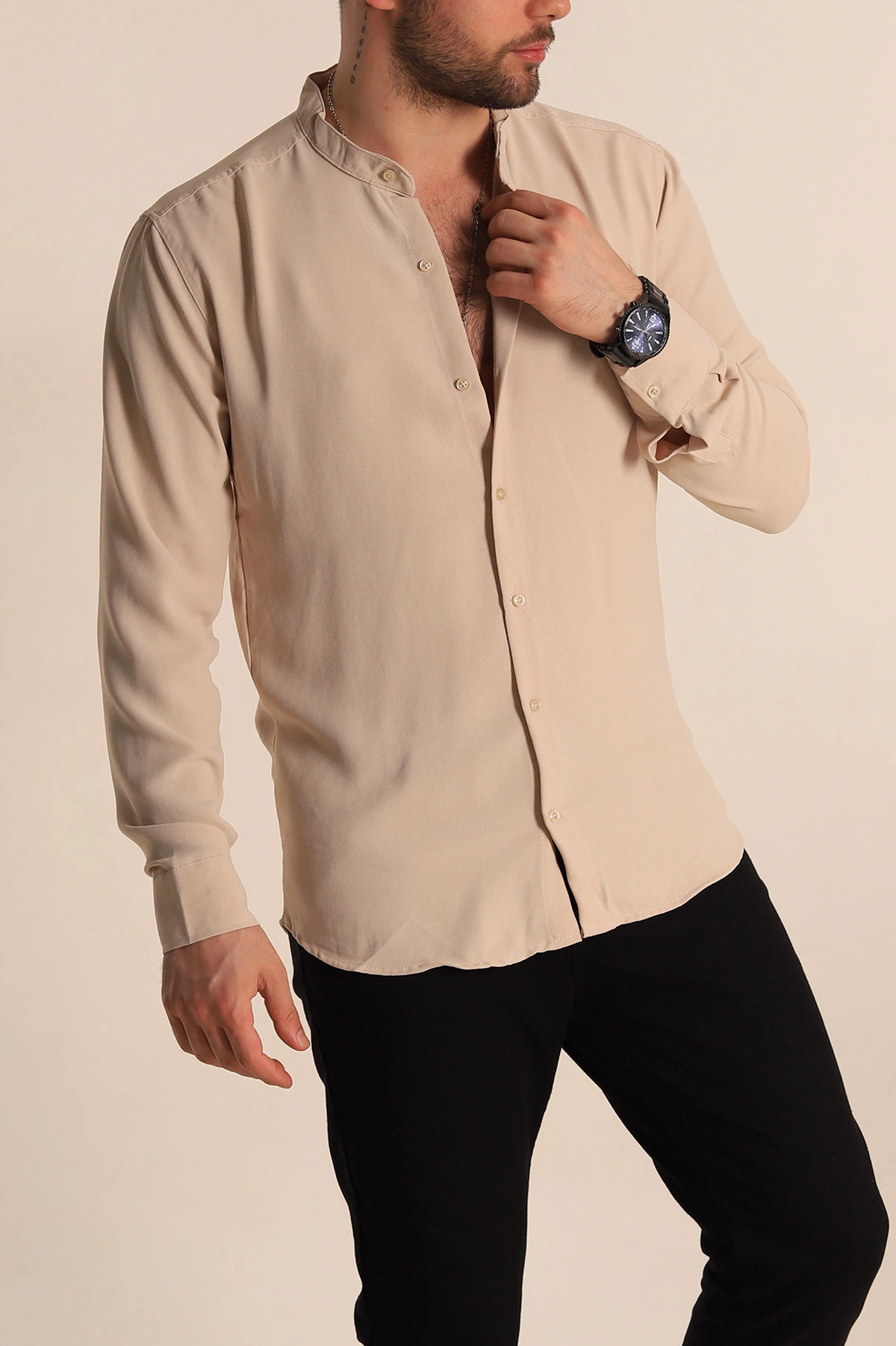Bej Relaxed Fit Hakim Yaka Erkek Gömlek 267041