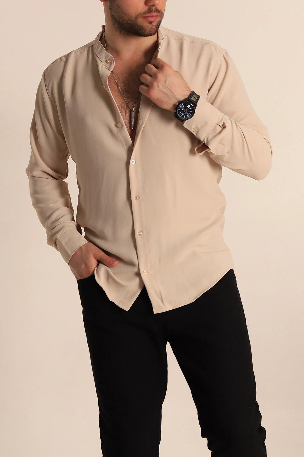 Bej Relaxed Fit Hakim Yaka Erkek Gömlek 267041