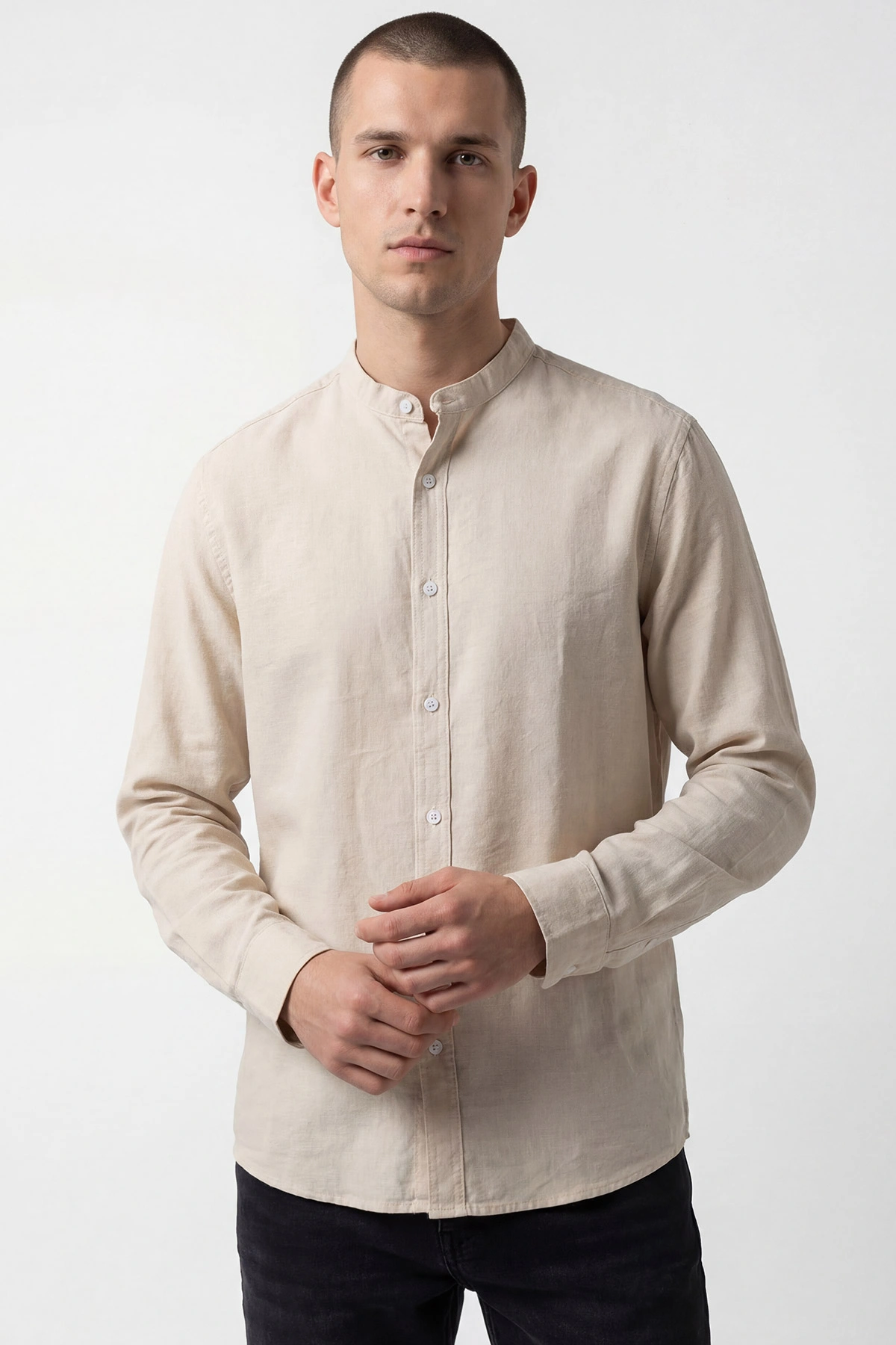 Bej Relaxed Fit Hakim Yaka Uzun Kollu Erkek Gömlek 445645