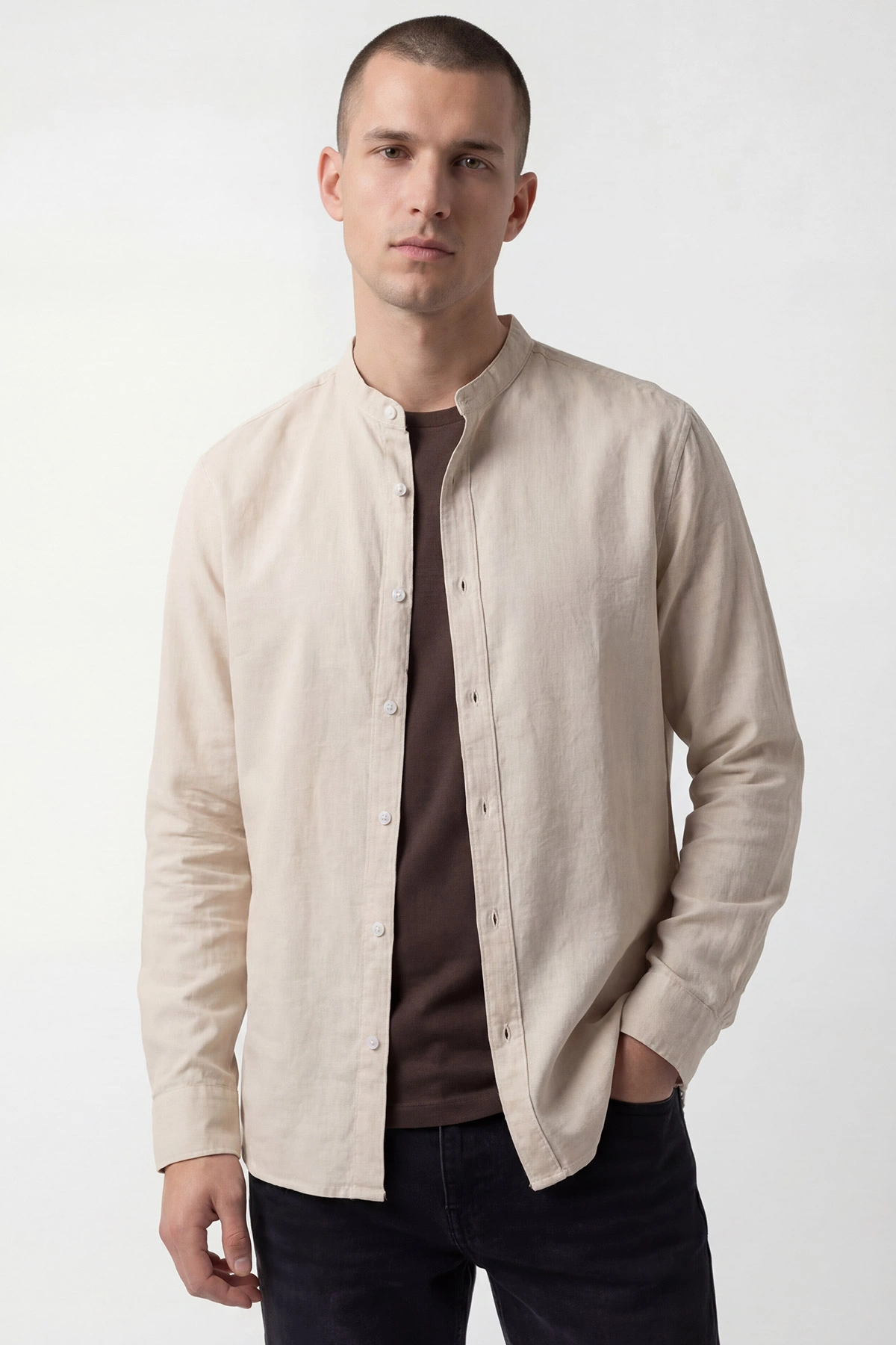 Bej Relaxed Fit Hakim Yaka Uzun Kollu Erkek Gömlek 445645
