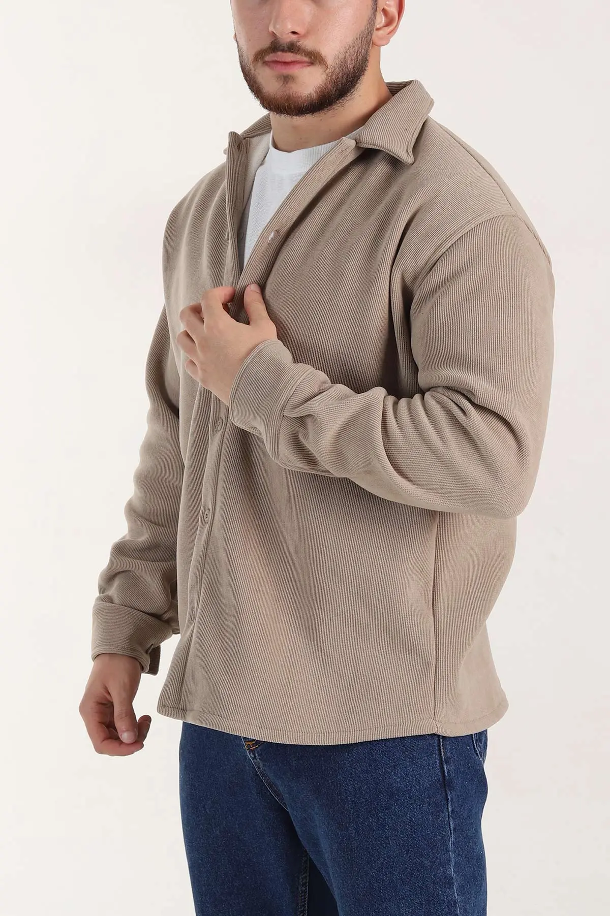 Bej Relaxed Fit İçi Polarlı Erkek Kadife Gömlek 400011