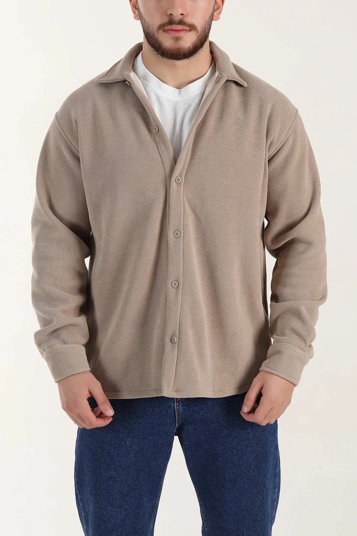 Bej Relaxed Fit İçi Polarlı Erkek Kadife Gömlek 400011
