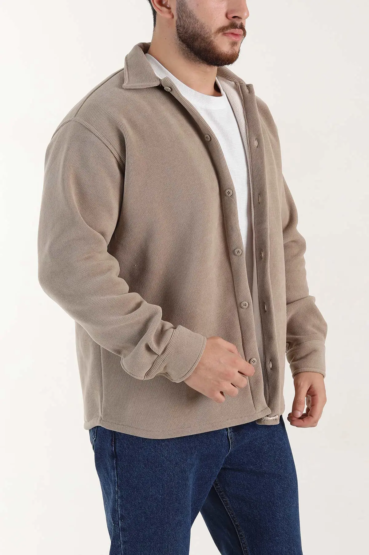 Bej Relaxed Fit İçi Polarlı Erkek Kadife Gömlek 400011