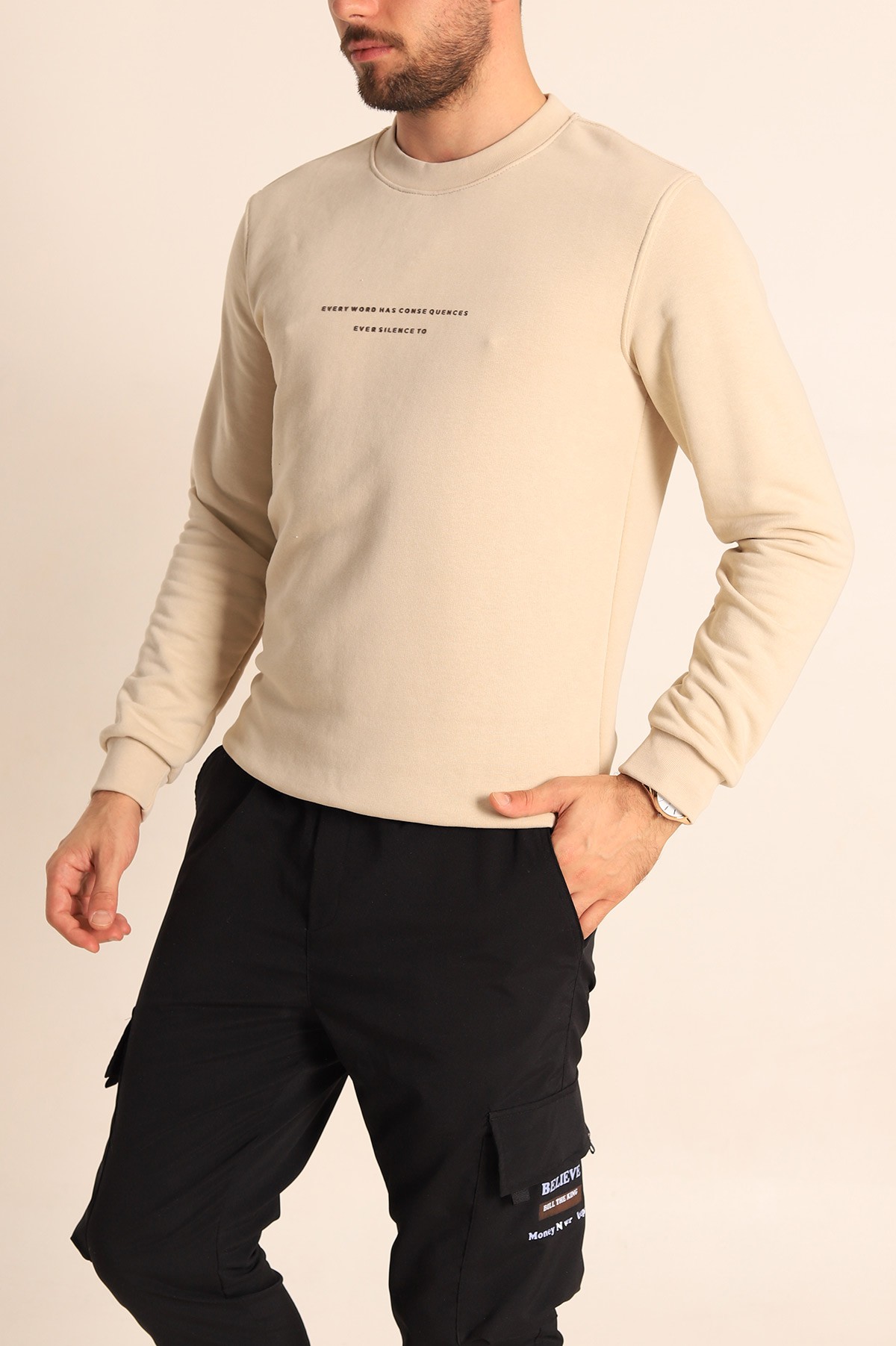 Bej Relaxed Fit Kabartma Yazılı Erkek Sweatshirt 221446
