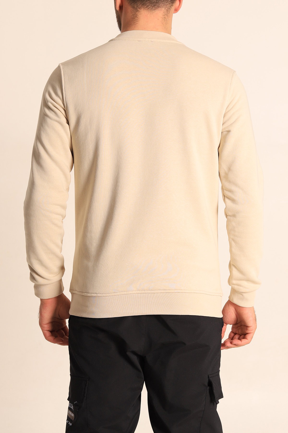 Bej Relaxed Fit Kabartma Yazılı Erkek Sweatshirt 221446
