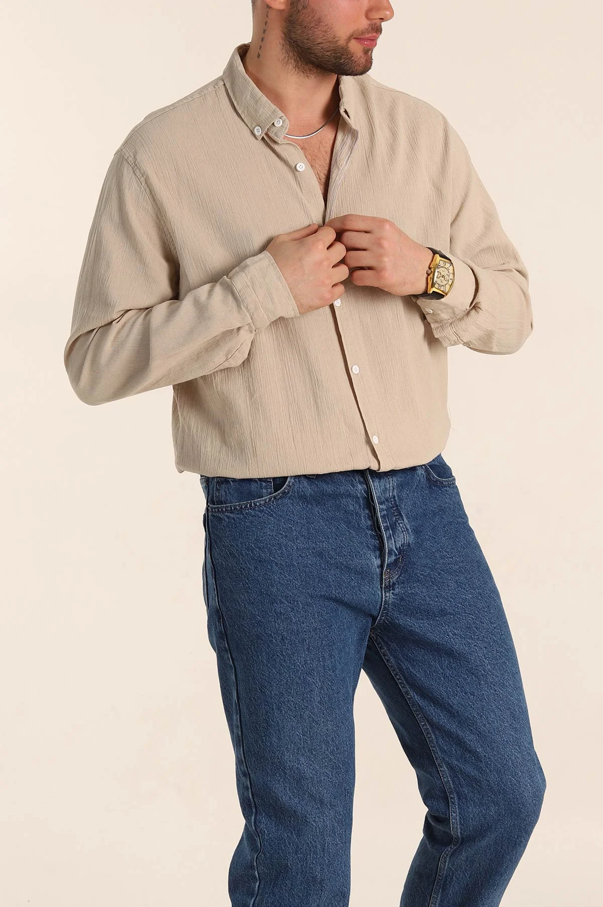 Bej Relaxed Fit Keten Ata Yaka Erkek Gömlek 339163