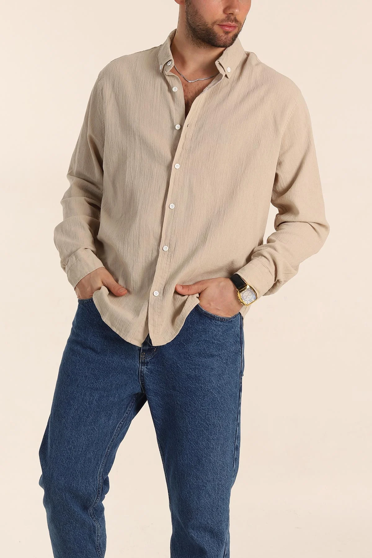 Bej Relaxed Fit Keten Ata Yaka Erkek Gömlek 339163