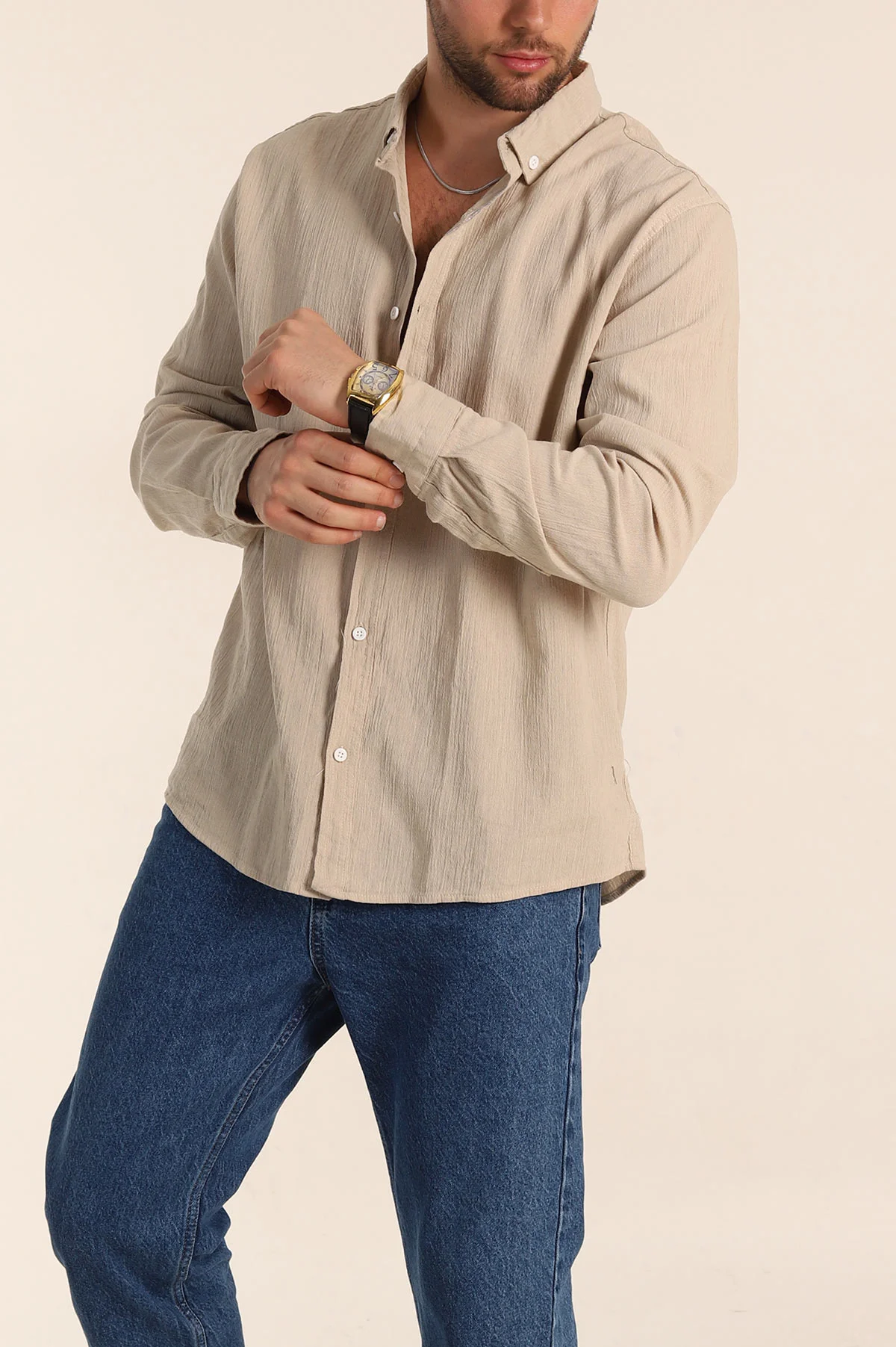 Bej Relaxed Fit Keten Ata Yaka Erkek Gömlek 339163