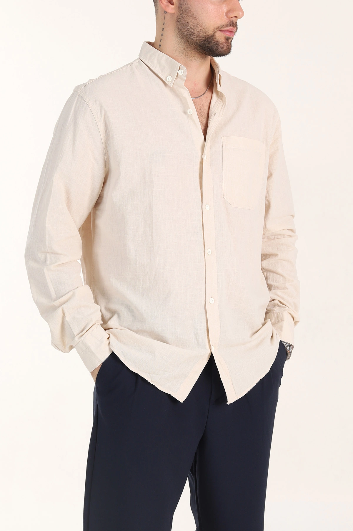 Bej Relaxed Fit Keten Cep Detaylı Erkek Gömlek 356963