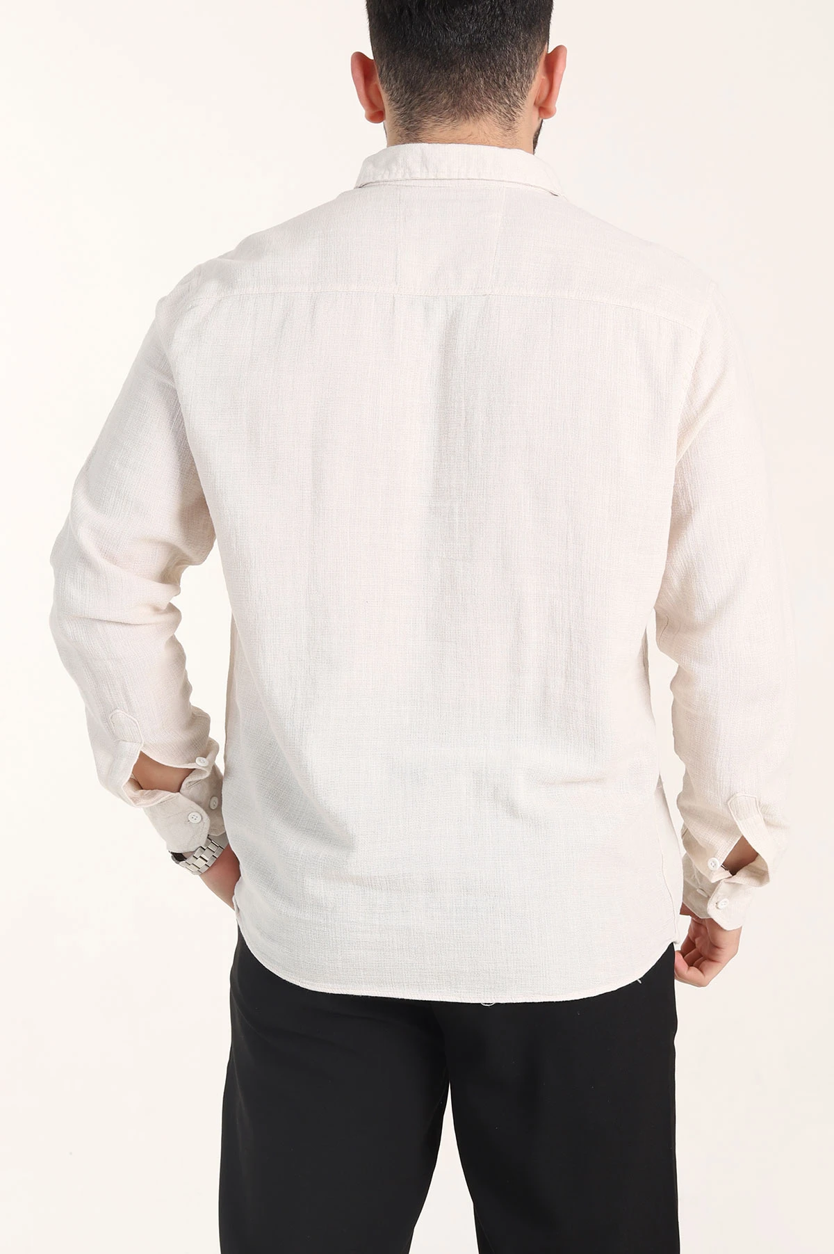 Bej Relaxed Fit Keten Cep Detaylı Erkek Gömlek 356971