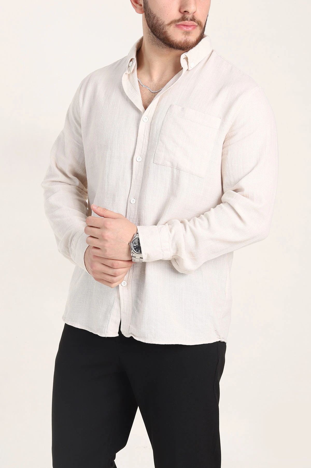 Bej Relaxed Fit Keten Cep Detaylı Erkek Gömlek 356971