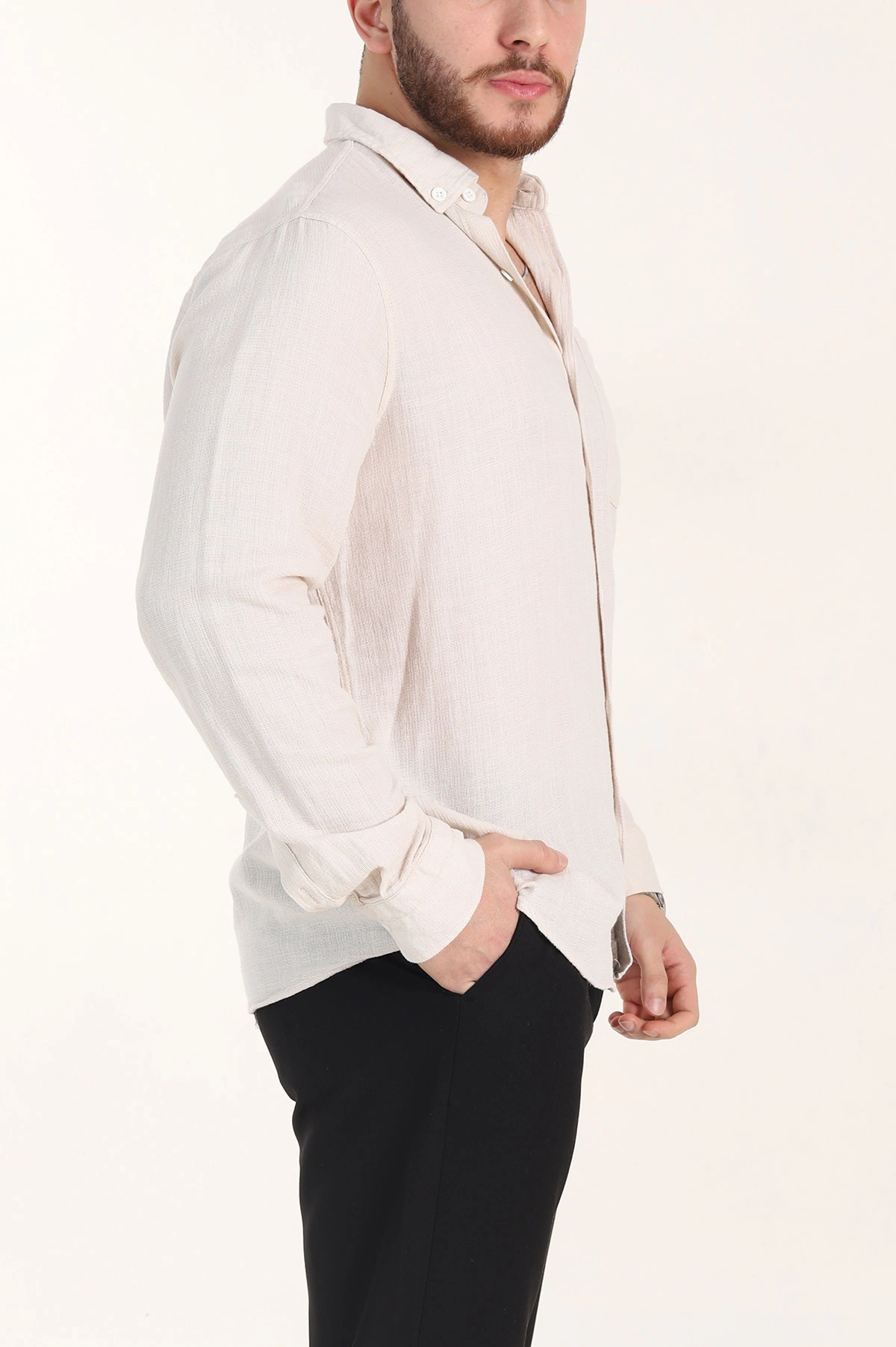 Bej Relaxed Fit Keten Cep Detaylı Erkek Gömlek 356971