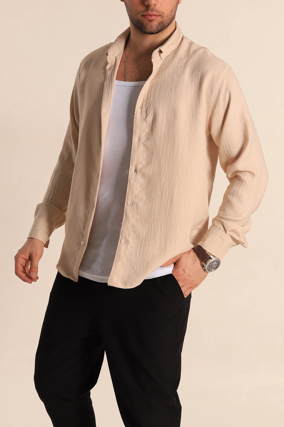 Bej Relaxed Fit Keten Erkek Gömlek 261277