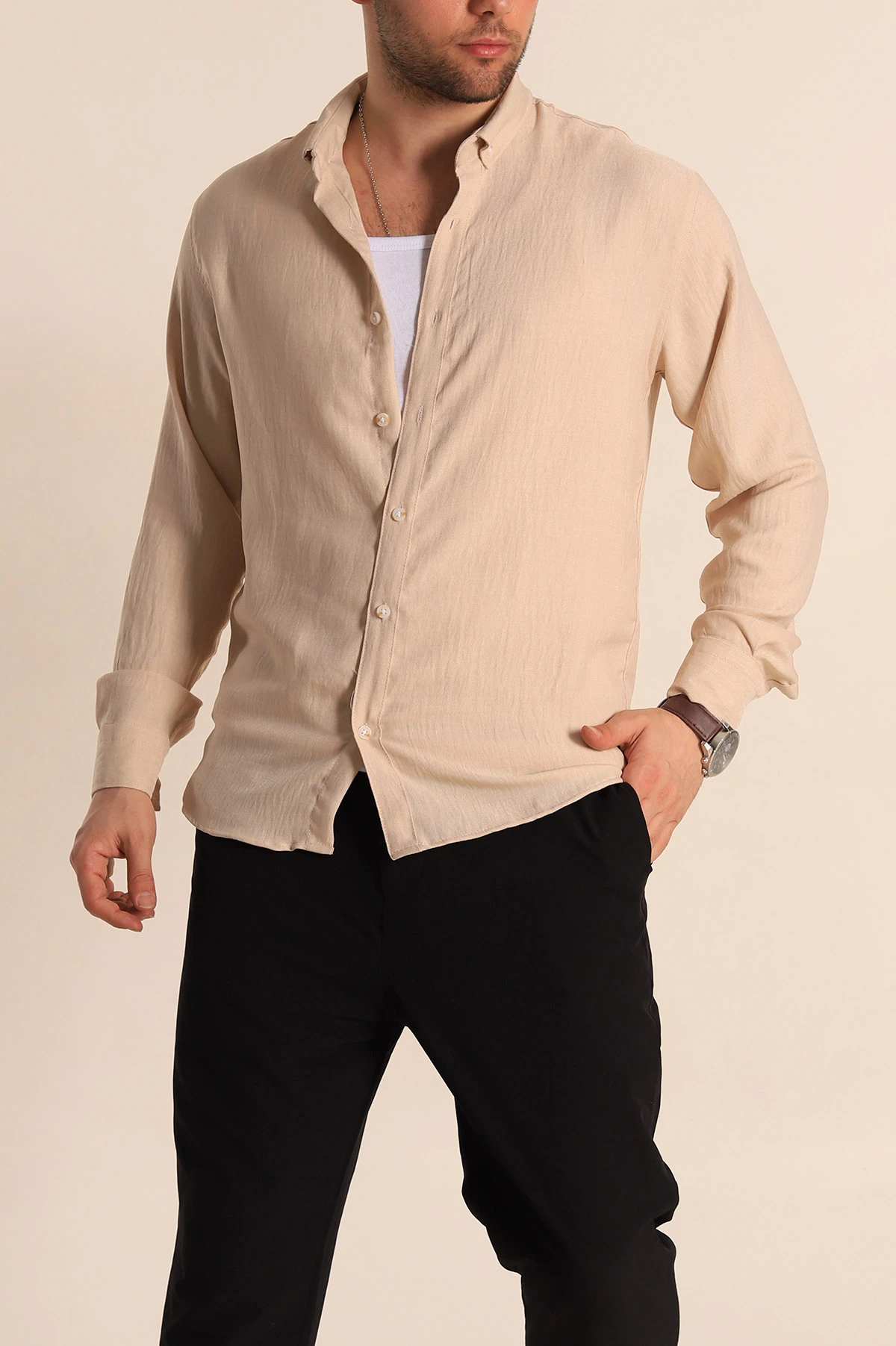 Bej Relaxed Fit Keten Erkek Gömlek 261277