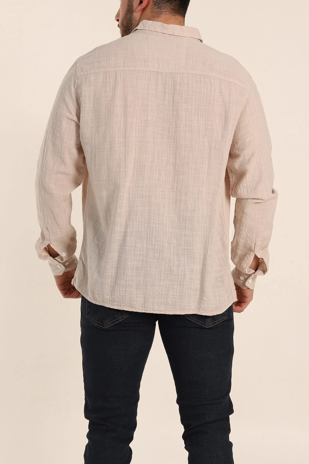 Bej Relaxed Fit Keten Kare Dokulu Ata Yaka Erkek Gömlek 339179