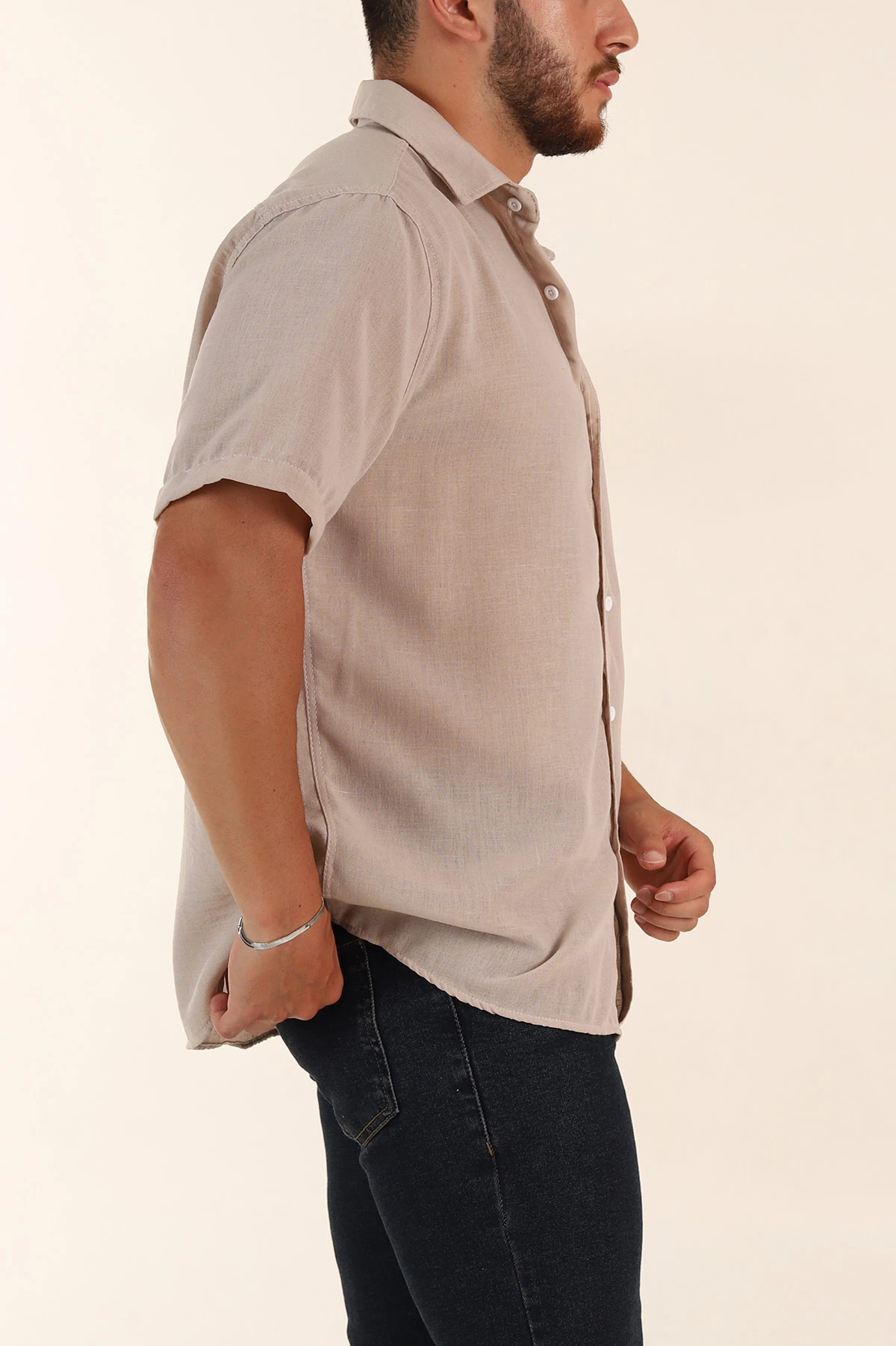 Bej Relaxed Fit Keten Kısa Kollu Erkek Gömlek 376970