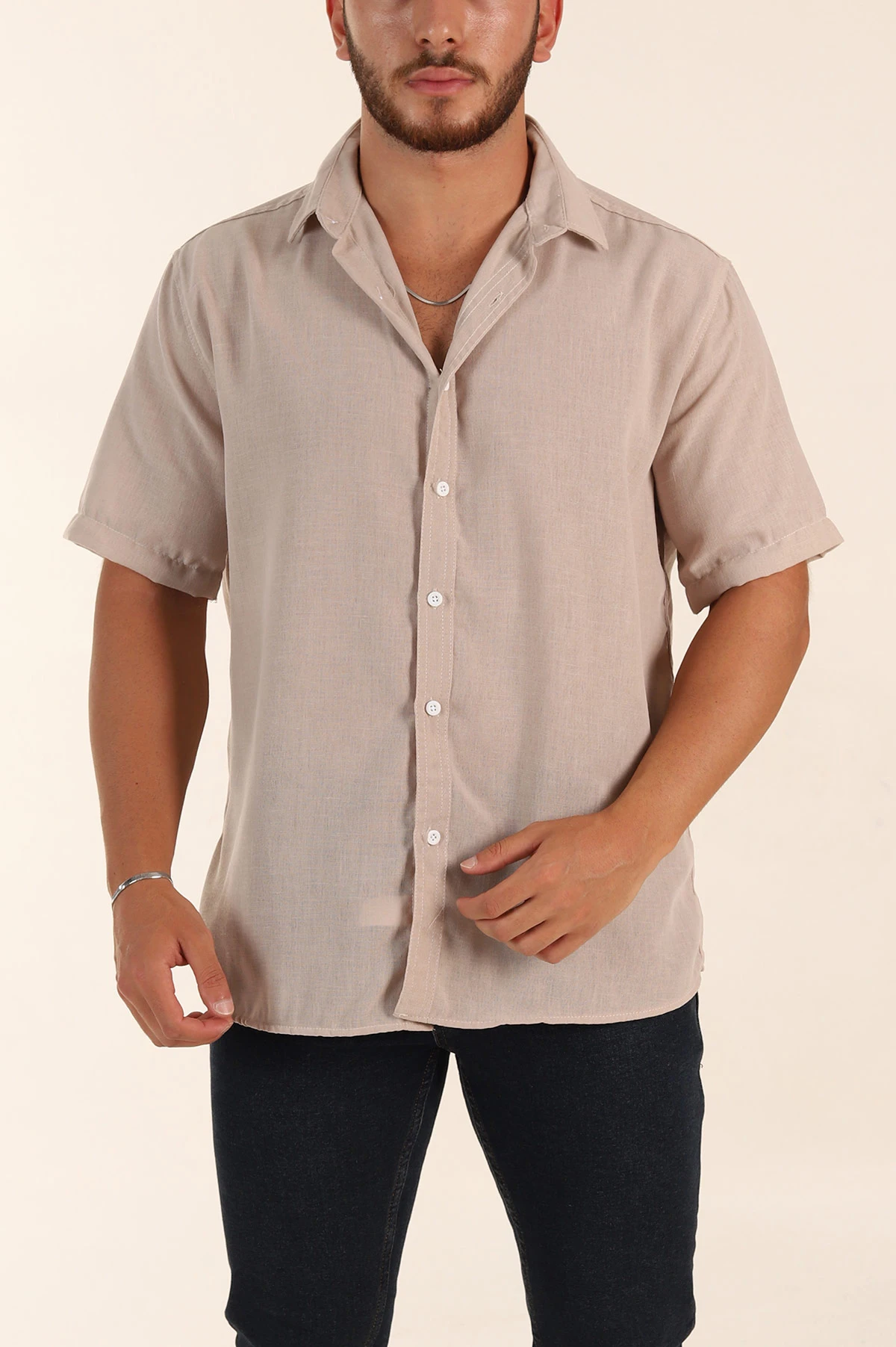 Bej Relaxed Fit Keten Kısa Kollu Erkek Gömlek 376970