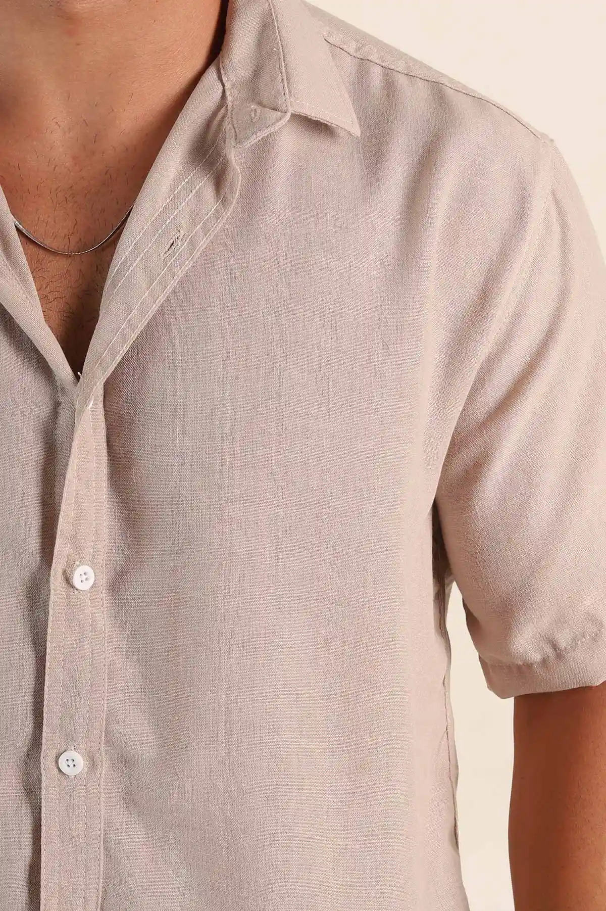 Bej Relaxed Fit Keten Kısa Kollu Erkek Gömlek 376970