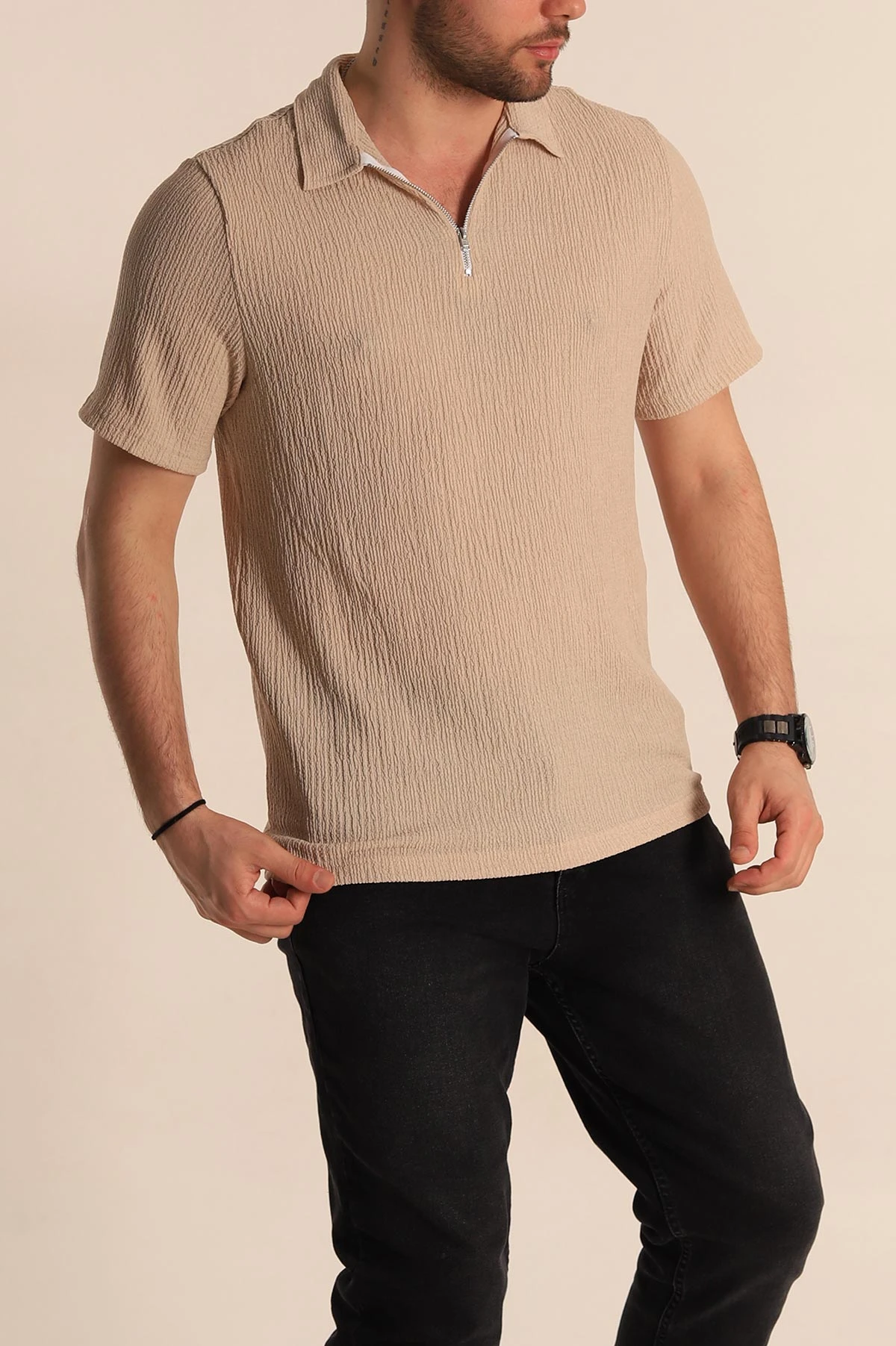 Bej Relaxed Fit Melanjlı Fermuarlı Polo Yaka Erkek Tişört 267652