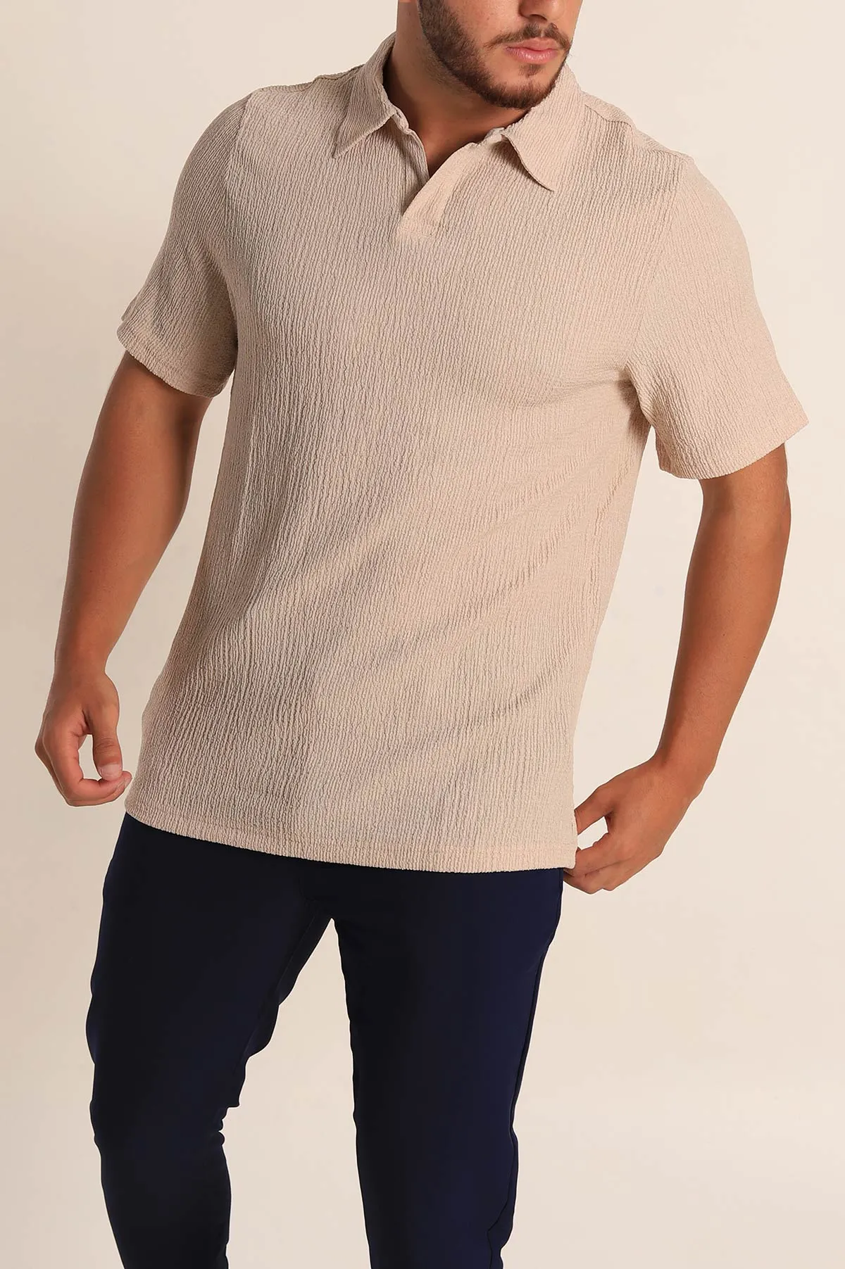 Bej Relaxed Fit Melanjlı Patlı Polo Yaka Erkek Tişört 267626