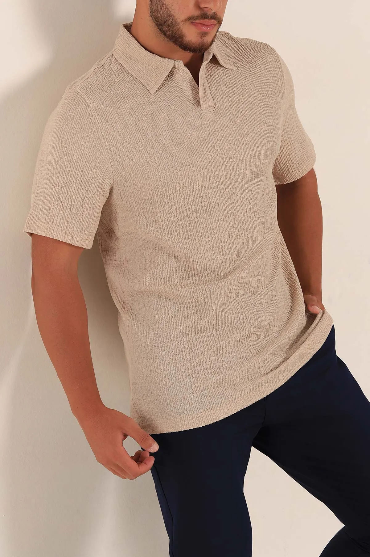 Bej Relaxed Fit Melanjlı Patlı Polo Yaka Erkek Tişört 267626