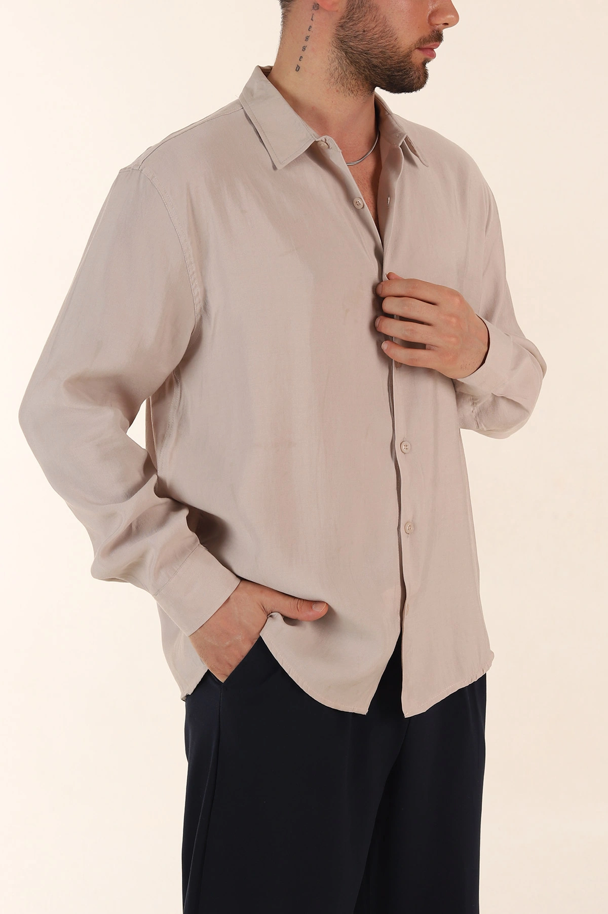 Bej Relaxed Fit Modal Kumaş Uzun Kollu Erkek Gömlek 368659